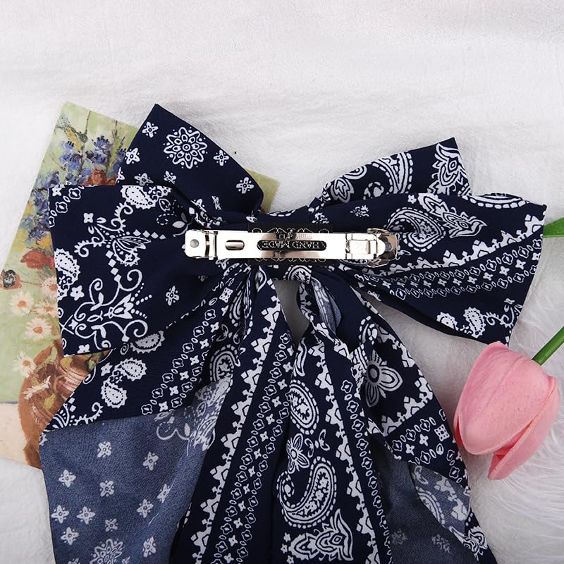 Navy Blue Bandana Print Bow Hair Clip for Women Girls Large Hair Bows for Girls Women French Paisley Barrette Hairpins for Thick Fine Hair Boho Bow Hairpin - Image 2