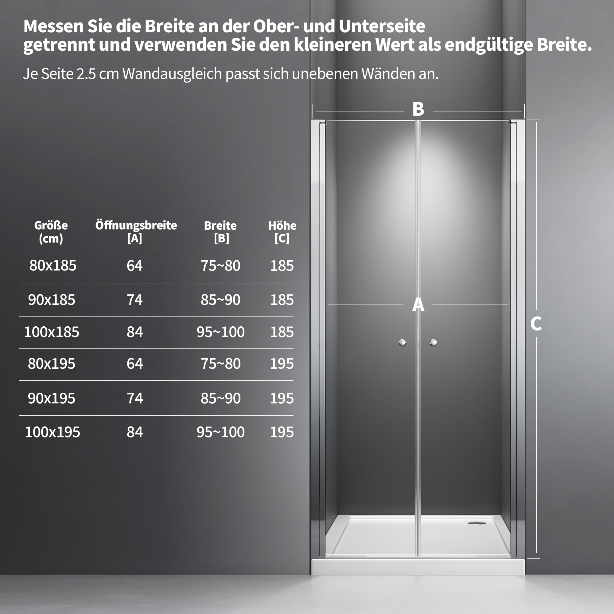 Duschkabine 76x185 cm, Pendeltür 75–80 cm, Duschtür Nische, Duschabtrennung aus 6 mm ESG Sicherheitsglas, Nano-Beschichtung, Schwingtür, Nischentür Dusche, Chrom