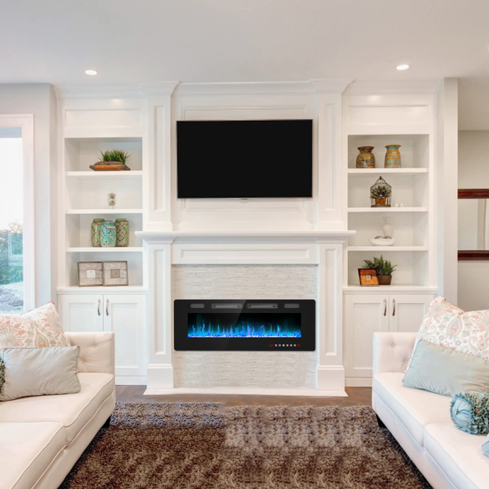 BREEZEHEAT 50inch Electric Fireplace Recessed Wall Mounted-Ultra Thin Fireplace Heater for Living Room/ Bedroom with 2 Heat Vents, Remote Control, Touch Screen, Adjustable Flame, 8H Timer, 750w/1500w