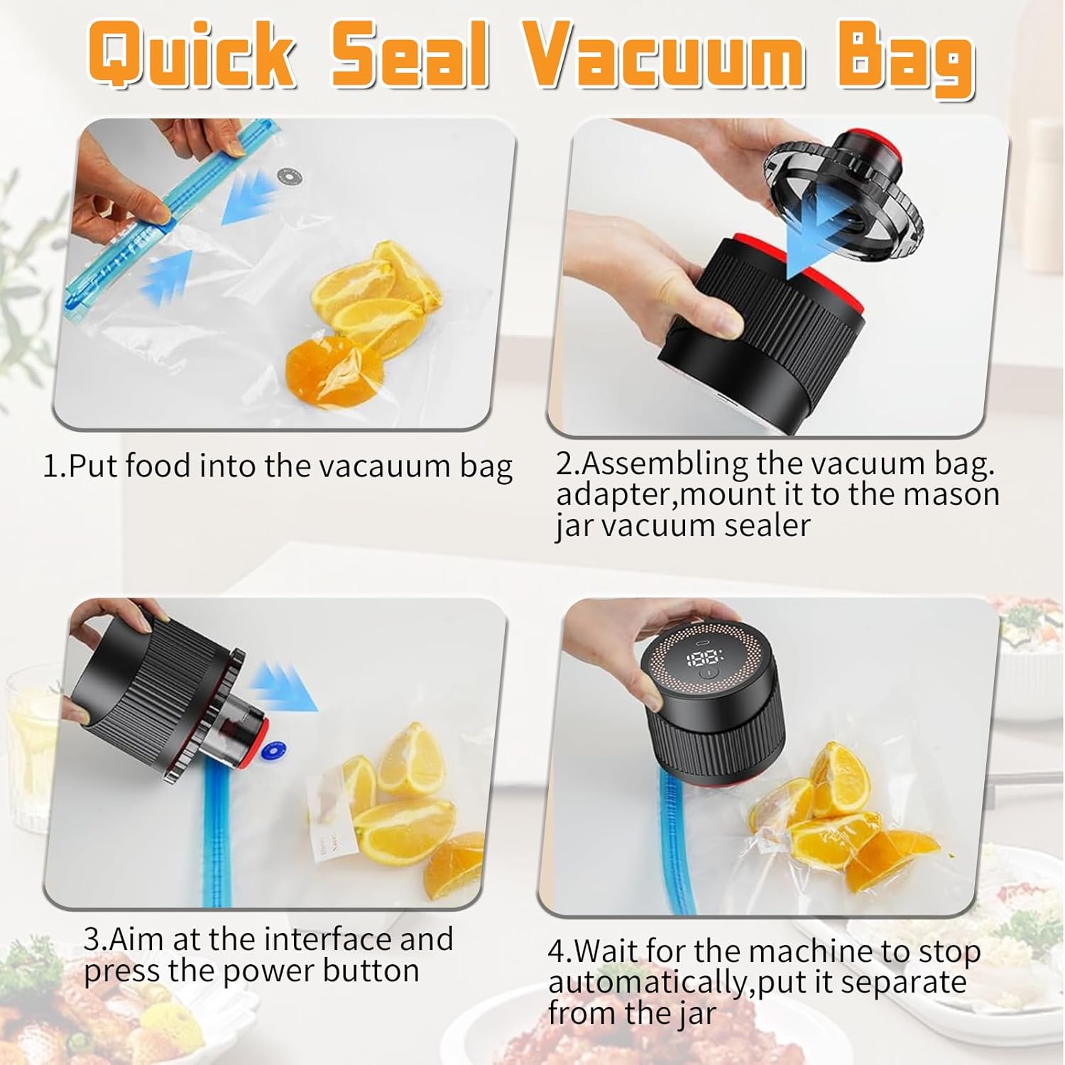 4 IN 1 Mason Jar Vacuum Sealer Kit,Electric Mason Jar Vacuum Sealer,Wide Mouth and Regular Lid, Lid Opener,Wine Stopper Included,for Canning Sealing Preserving Jars,Pickling,Jams Food Storage