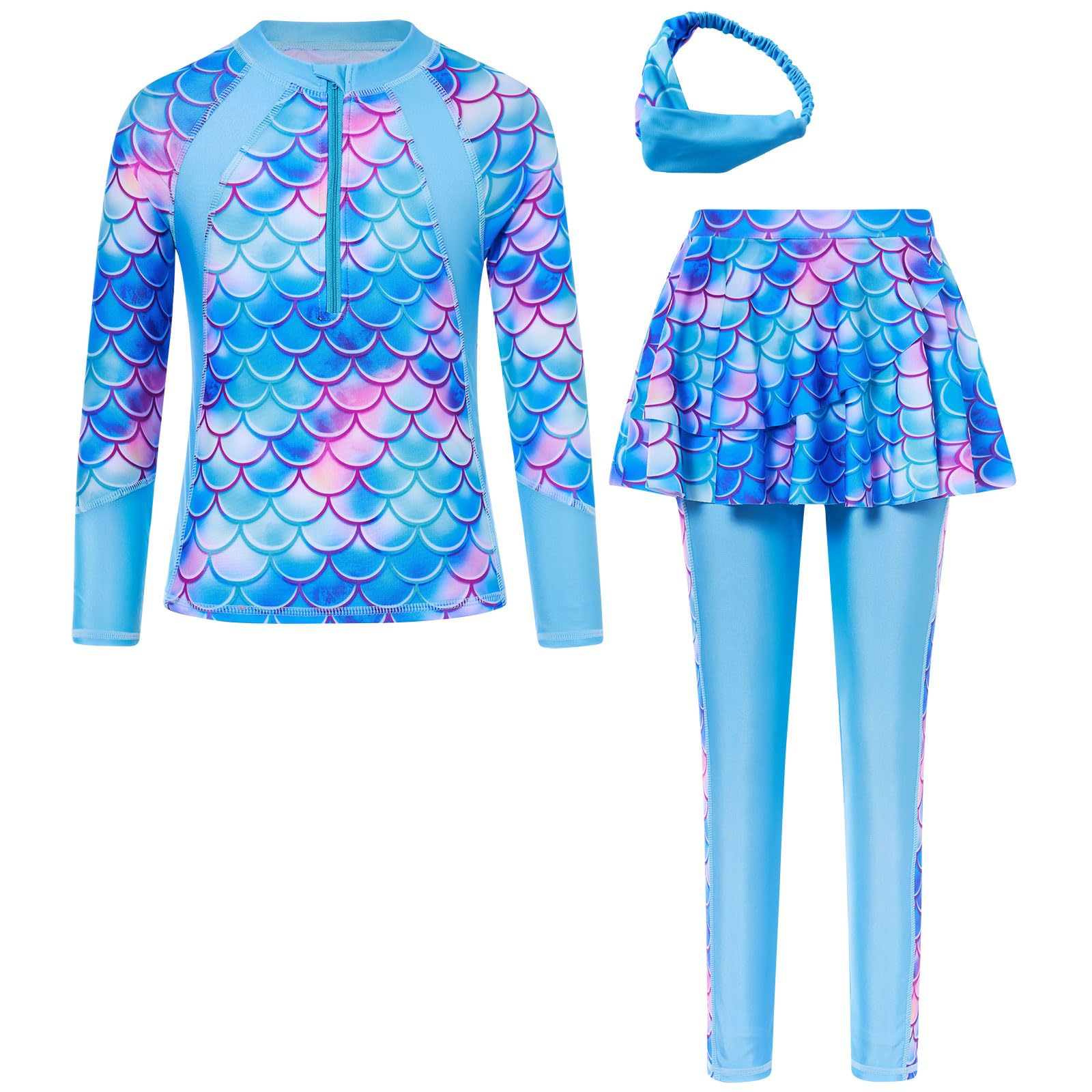 Girls Long Sleeve Rashguard Half Zip Swimsuits UPF 50+ Two Piece Swim Sets with Hairband 5-12Y | Two Piece Swim Sets with Hairband