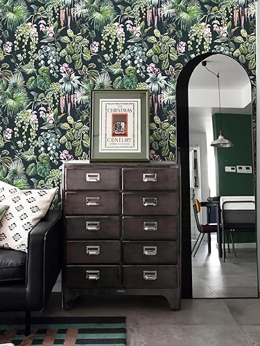 Miniatura 5 de Ismoon Papel tapiz floral oscuro para despegar y pegar, papel tapiz tropical, papel de contacto verde, papel de contacto verde, papel tapiz de