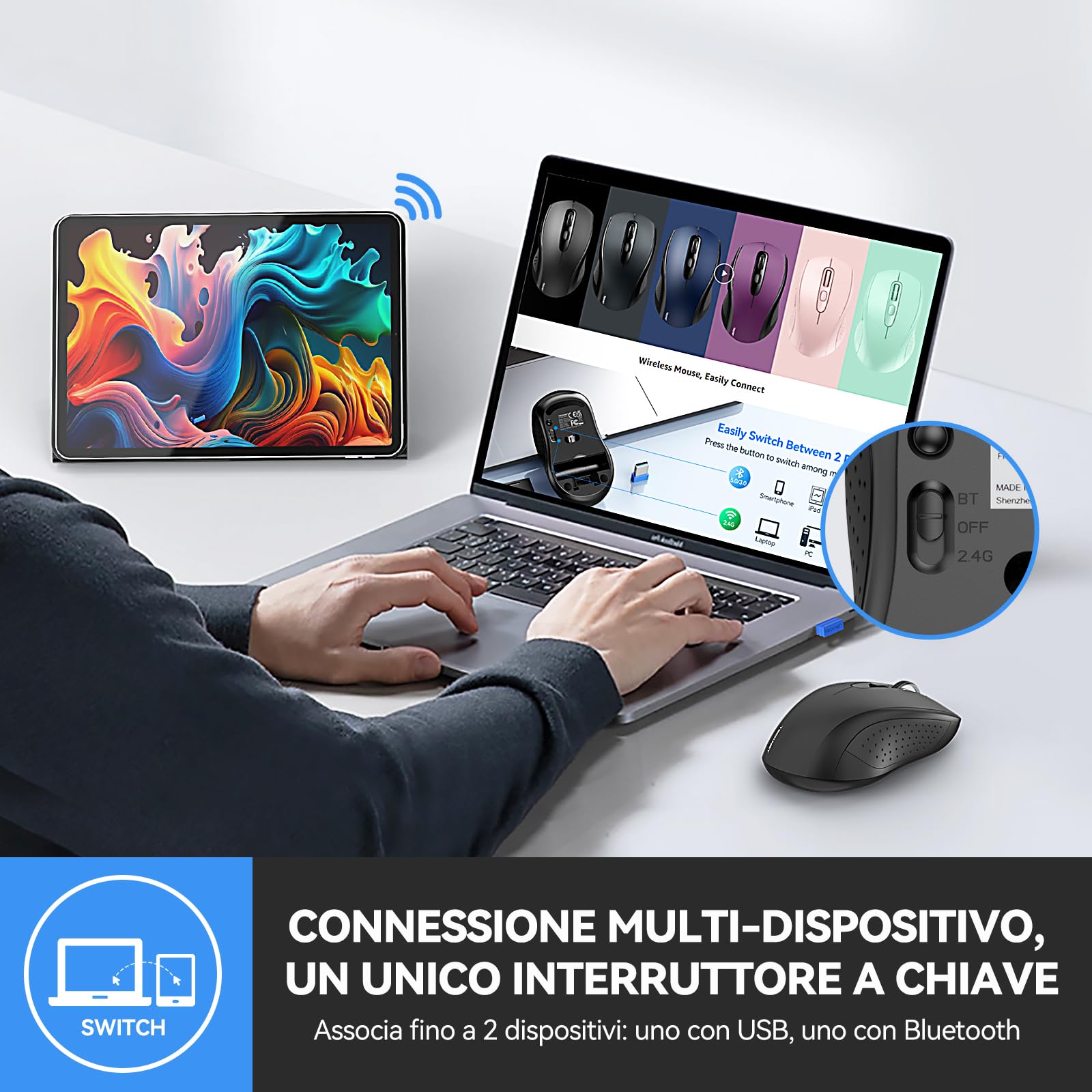TECKNET Mouse Bluetooth 5.0 e 3.0, 3 Modalità, Mouse Ottico Portatile Wireless 2.4G con Ricevitore USB Nano, 4000 DPI per Laptop, MacBook, PC, Windows, Android,Nero