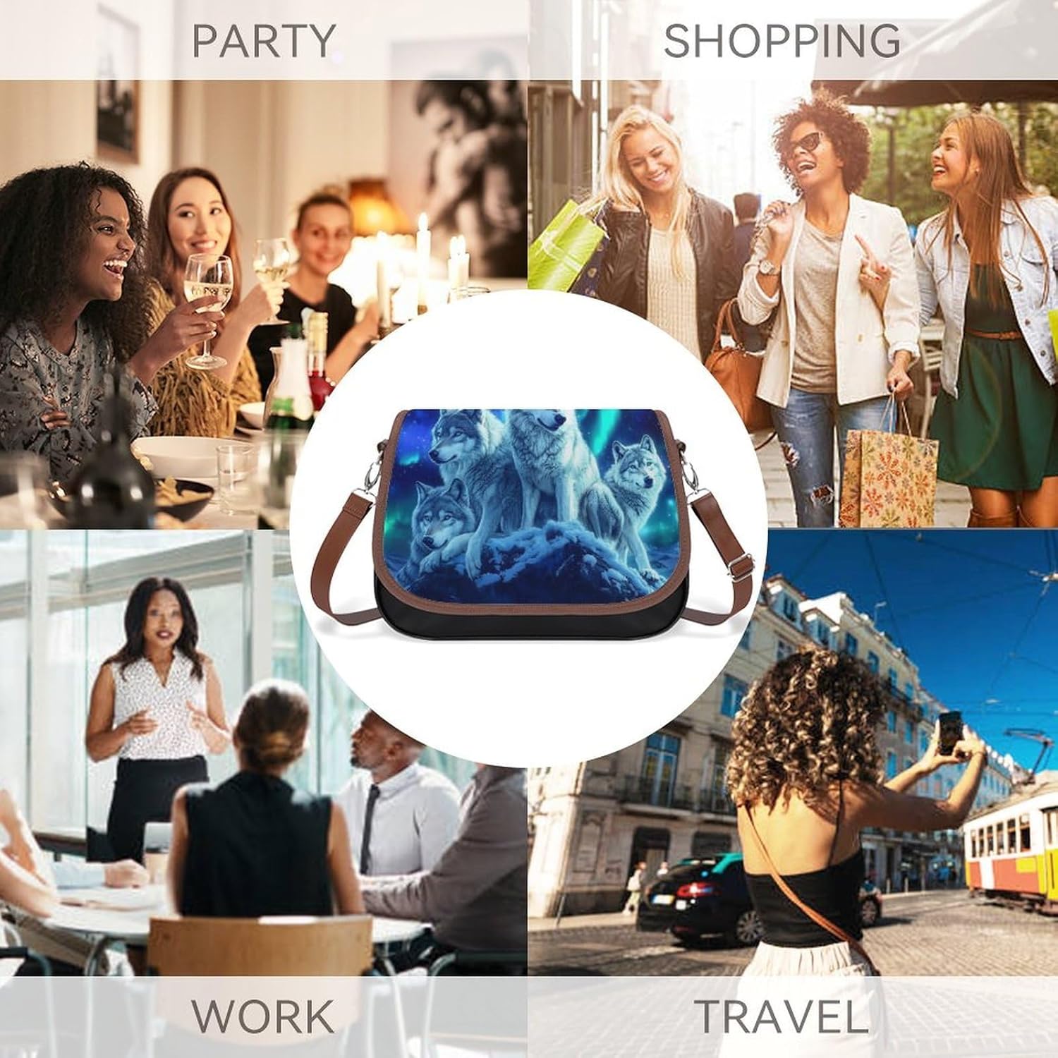 Wolves Northern Lights Women's Shoulder Handbags Cute PU Leather Purse Crossbody Messenger Bags