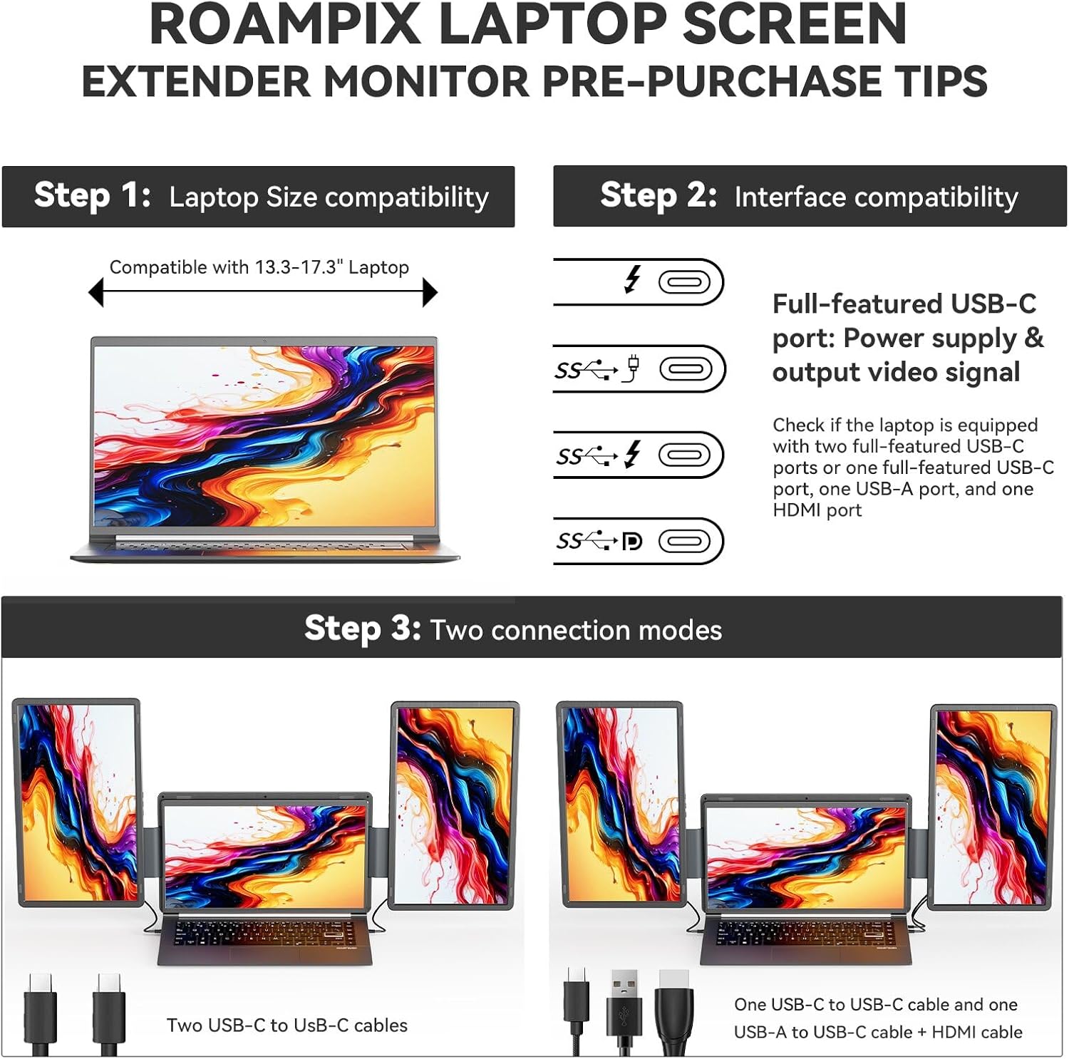 15.6" Laptop Screen Extender, FHD 1080P IPS Screen Extender Portable Monitor for 13.6"-17.3” Laptops, Travel Laptop Screen Extender with USB-C&HDMI, Triple Monitor for Windows, Mac