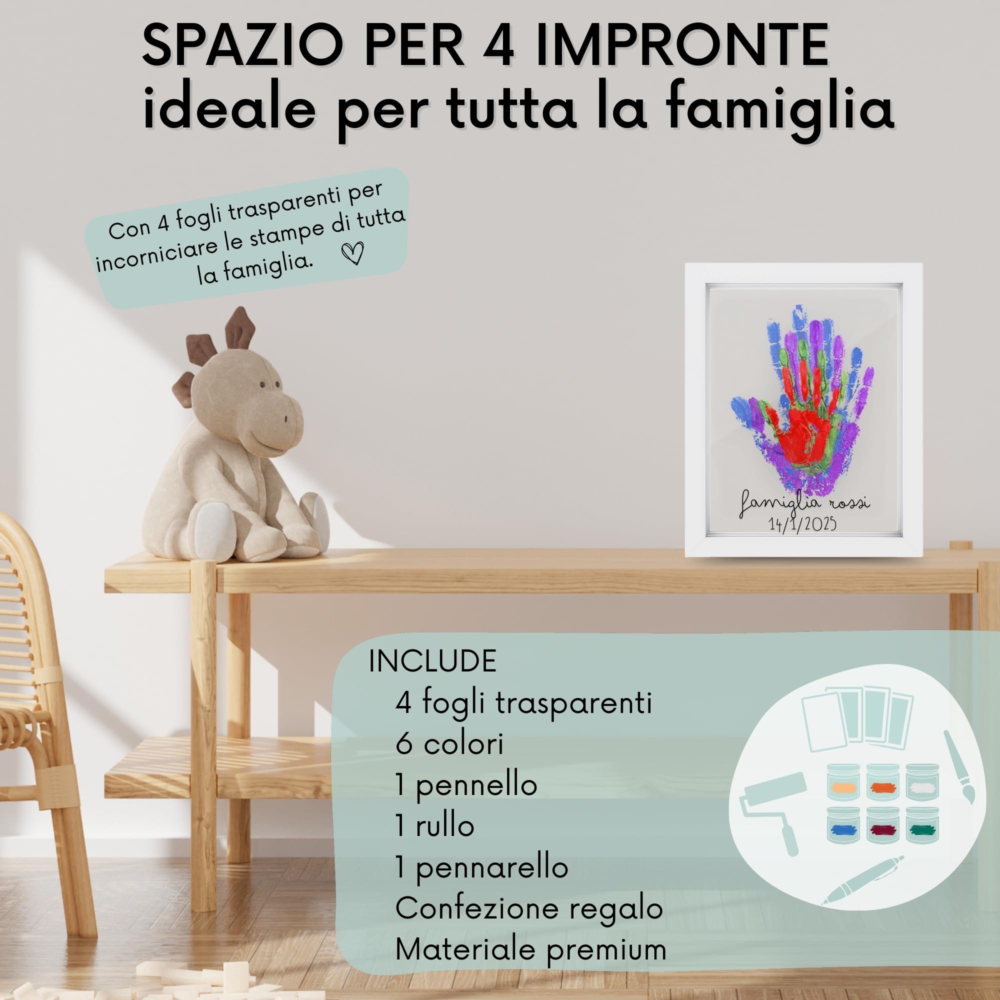 Kit Impronta Mani e Piedi Neonati, Cornice con Spazio per 4 Impronte, Set Regalo Neonato