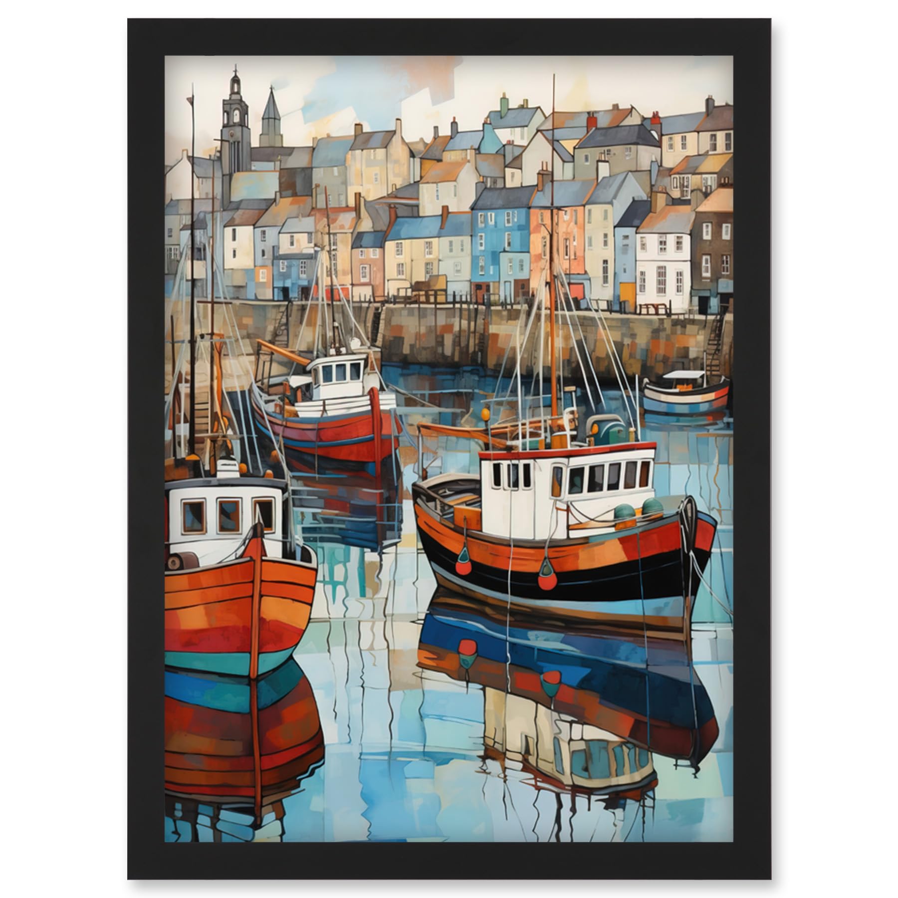 Artery8 Newlyn Harbour Trawler Boats Watercolour Painting - Cornwall Coastal Townscape Artwork - Framed A4 Print