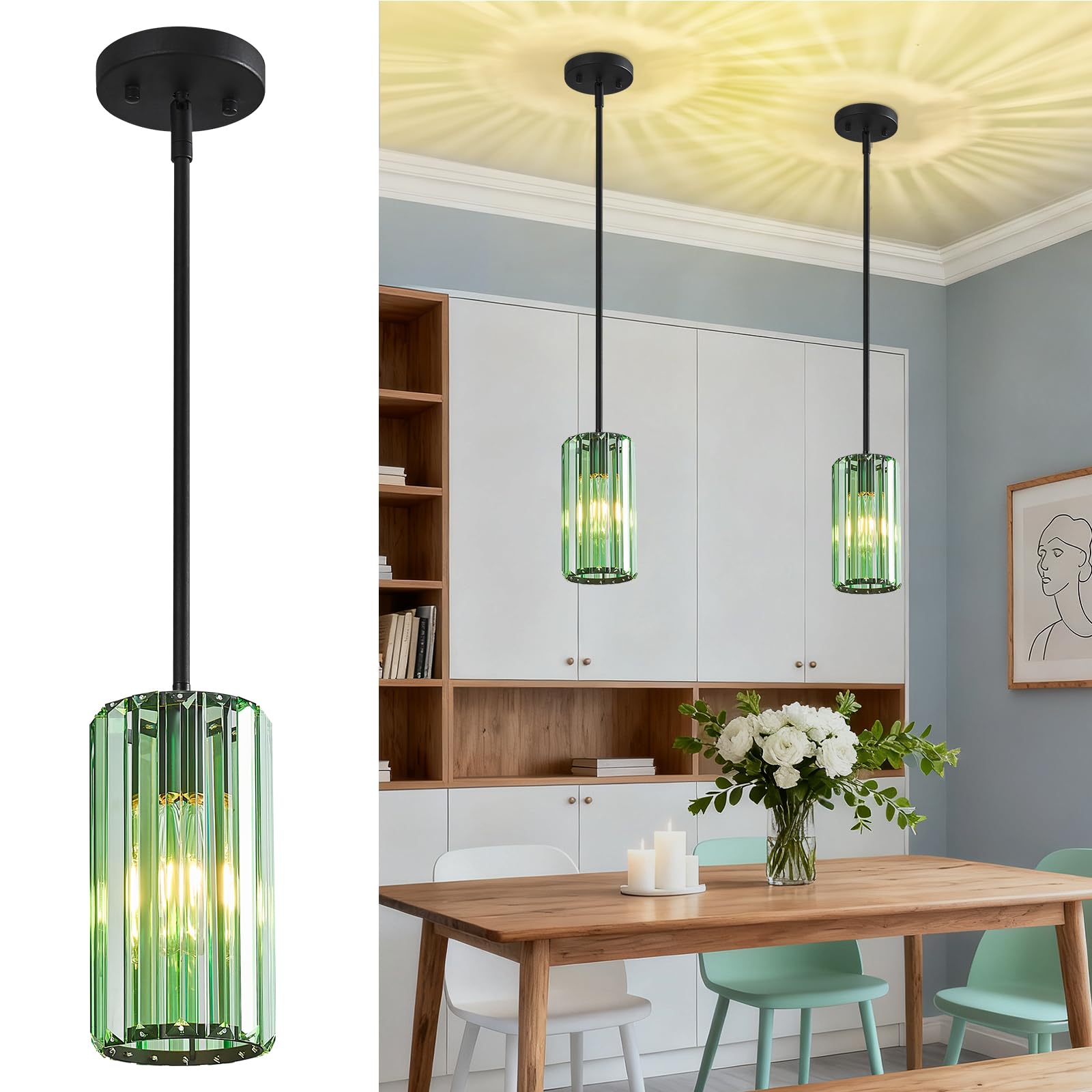 Modern Crystal Pendant Light Mini Light Green Chandeliers Adjustable Pendant Lights Fixture for Kitchen Island Dinning Room Corridor Bedroom(Light Green 2-Pack)