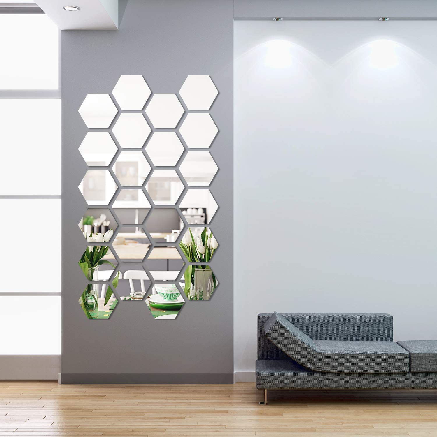 Gemini_mall Removable Acrylic Mirror Setting Wall Sticker Decal for Home Living Room Bedroom Decor Silver Hexagon 12 Pieces