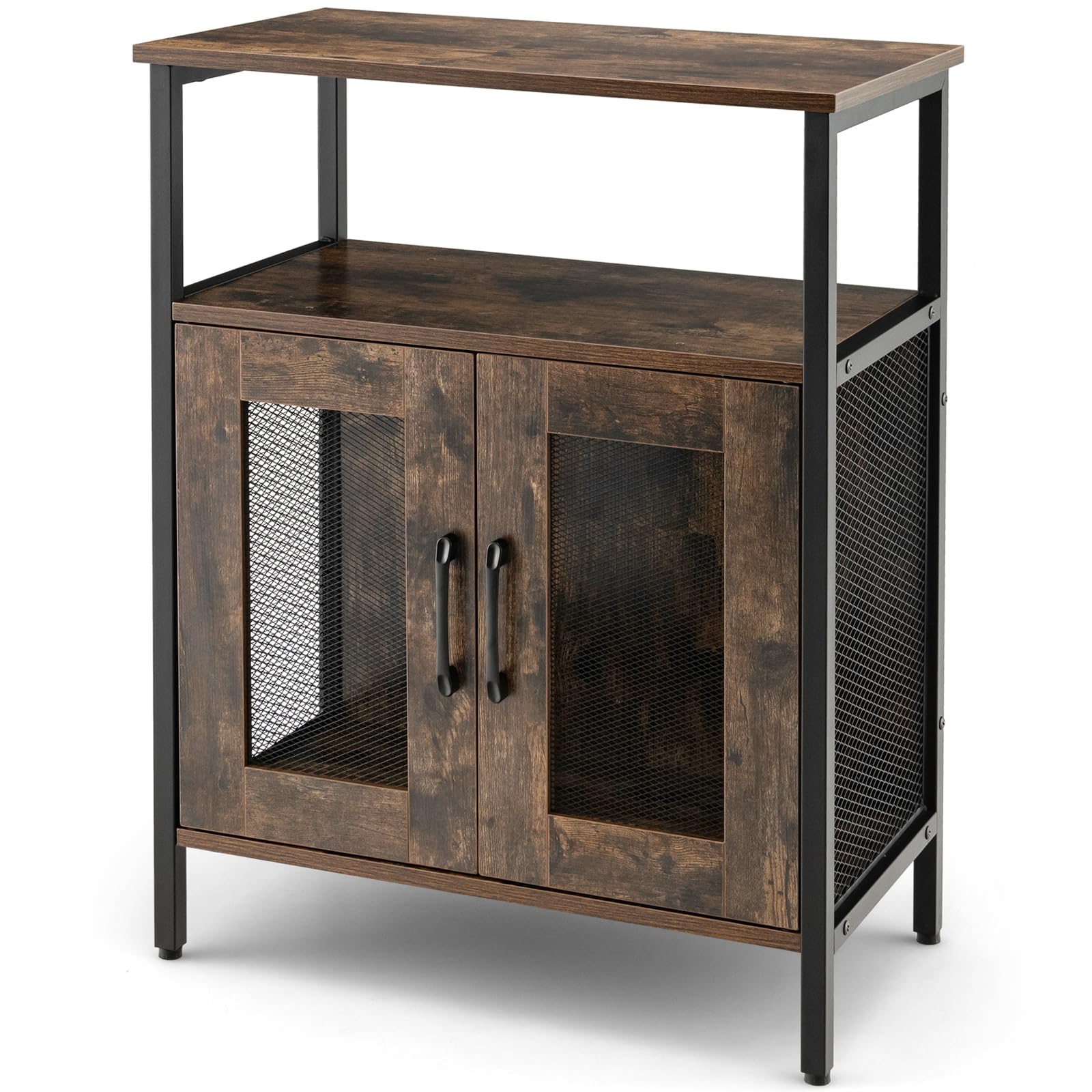 GYMAX Armadio per Vino per 5 Bottiglie Rimovibile, Armadietti di Vino con 6 Porta Calici, Mobile da Vino in Rete Metallica per Cucina, Sala da Pranzo, Industriale, 60 x 34 x 79 cm (Marrone)