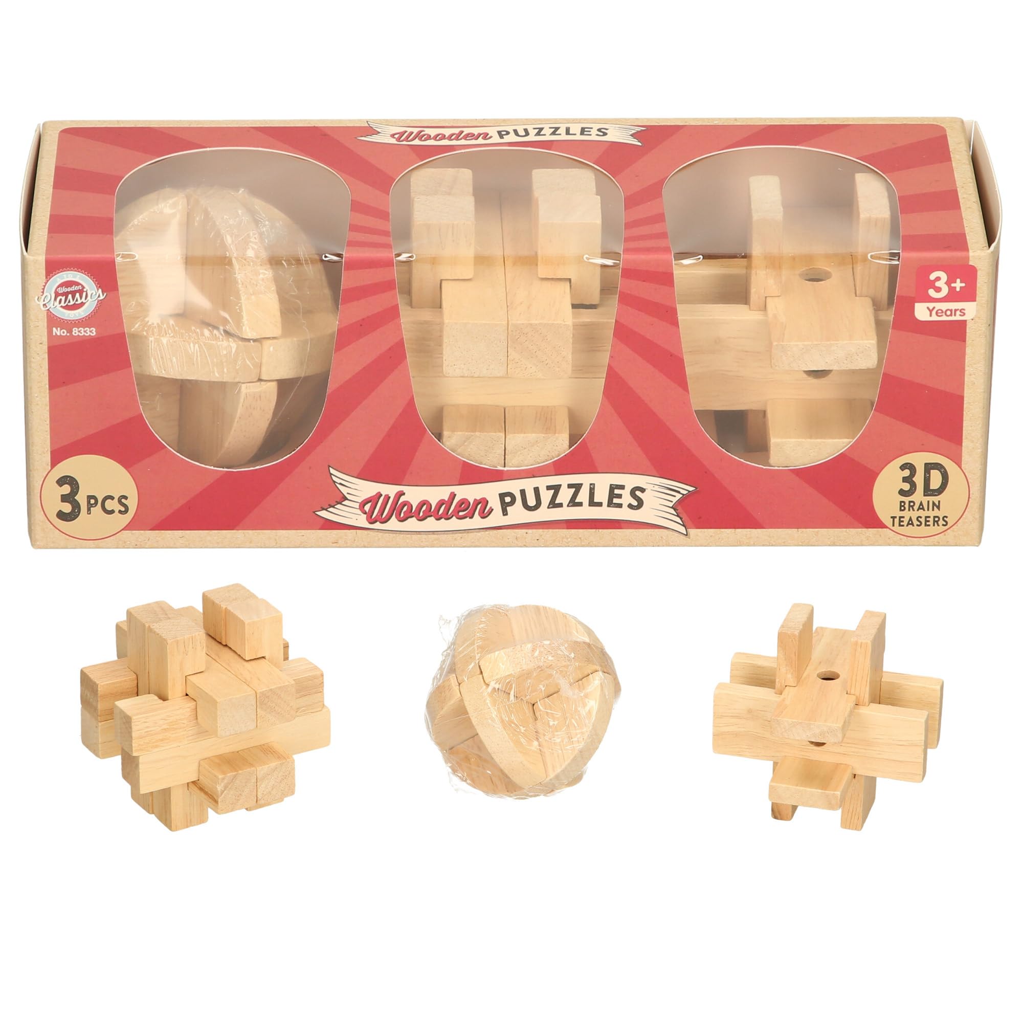 Wooden Puzzles Set, 3D Brain Teasers, 3 Pieces, Ages 3+, Natural Wood