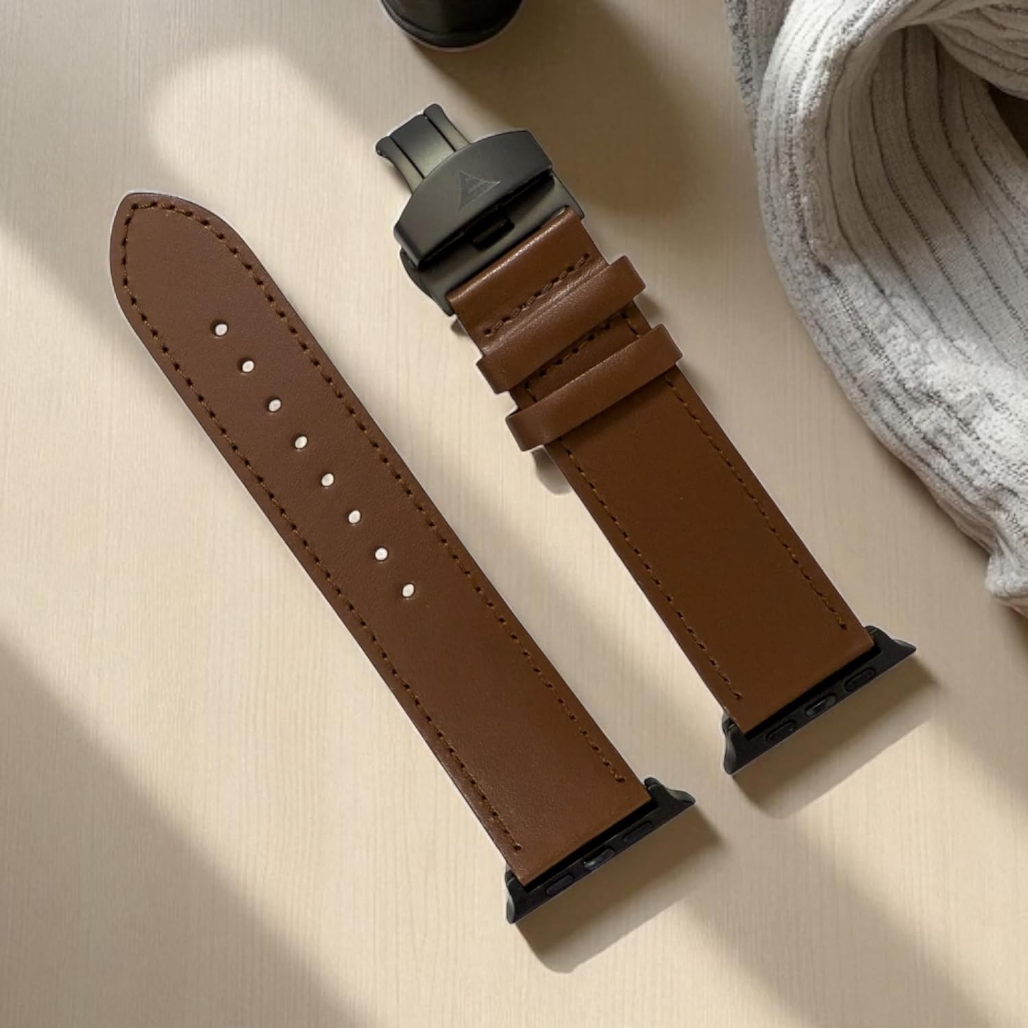 Everwood Brown Leather Apple Watch Band - Black Stainless Steel Butterfly Clasp - Compatible with Apple Watch 42mm 44mm 45mm 49mm Ultra- Handmade Strap for Series 1-9 & SE - Image 4