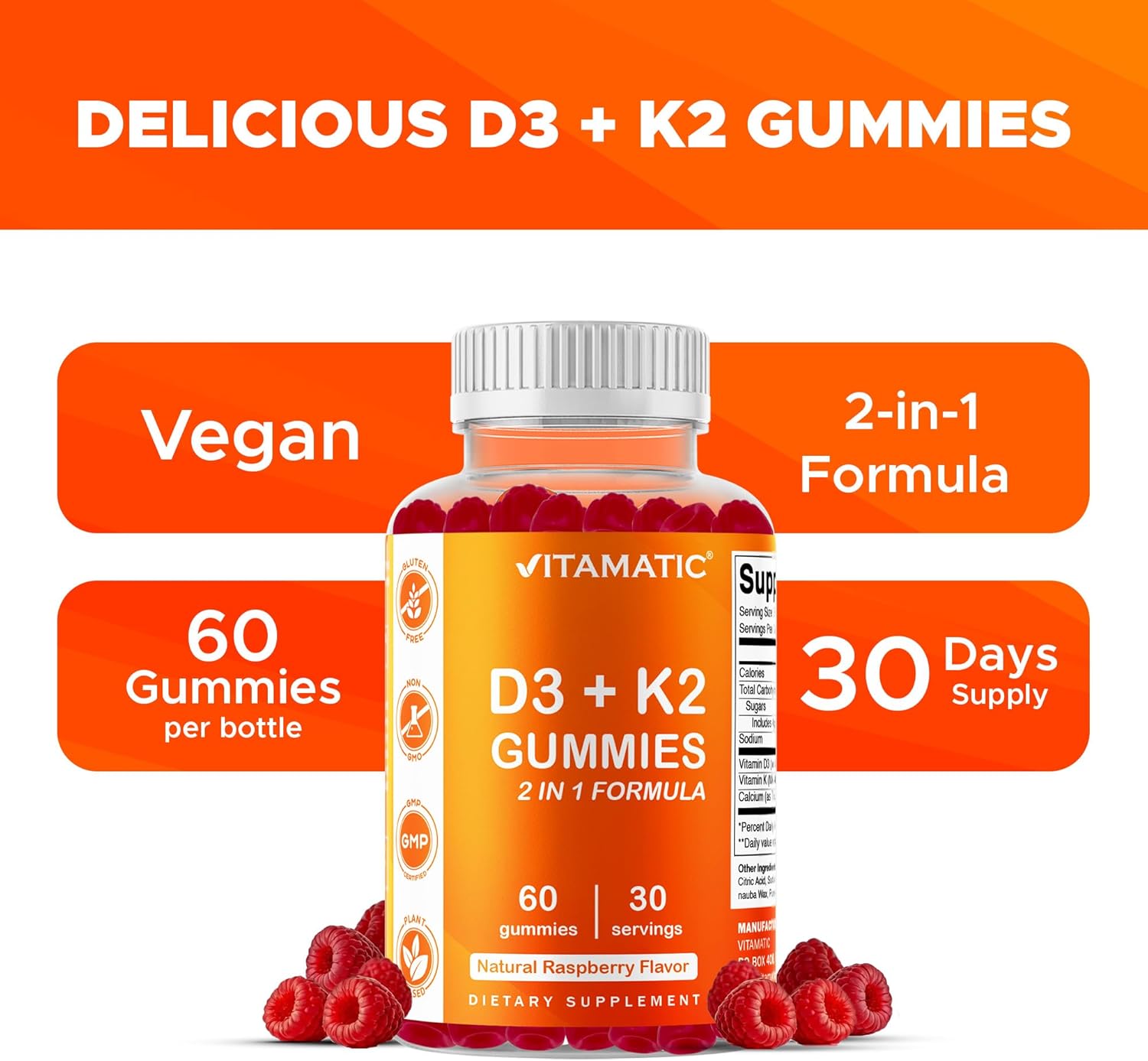 Vitamatic Vitamin D3 & K2 Gummies (2-Pack, 60 Count) Supports Healthy Bones, Heart Health, Calcium Absorption, and Immune Function Plant-Based, Non-GMO, Gluten-Free - Image 6