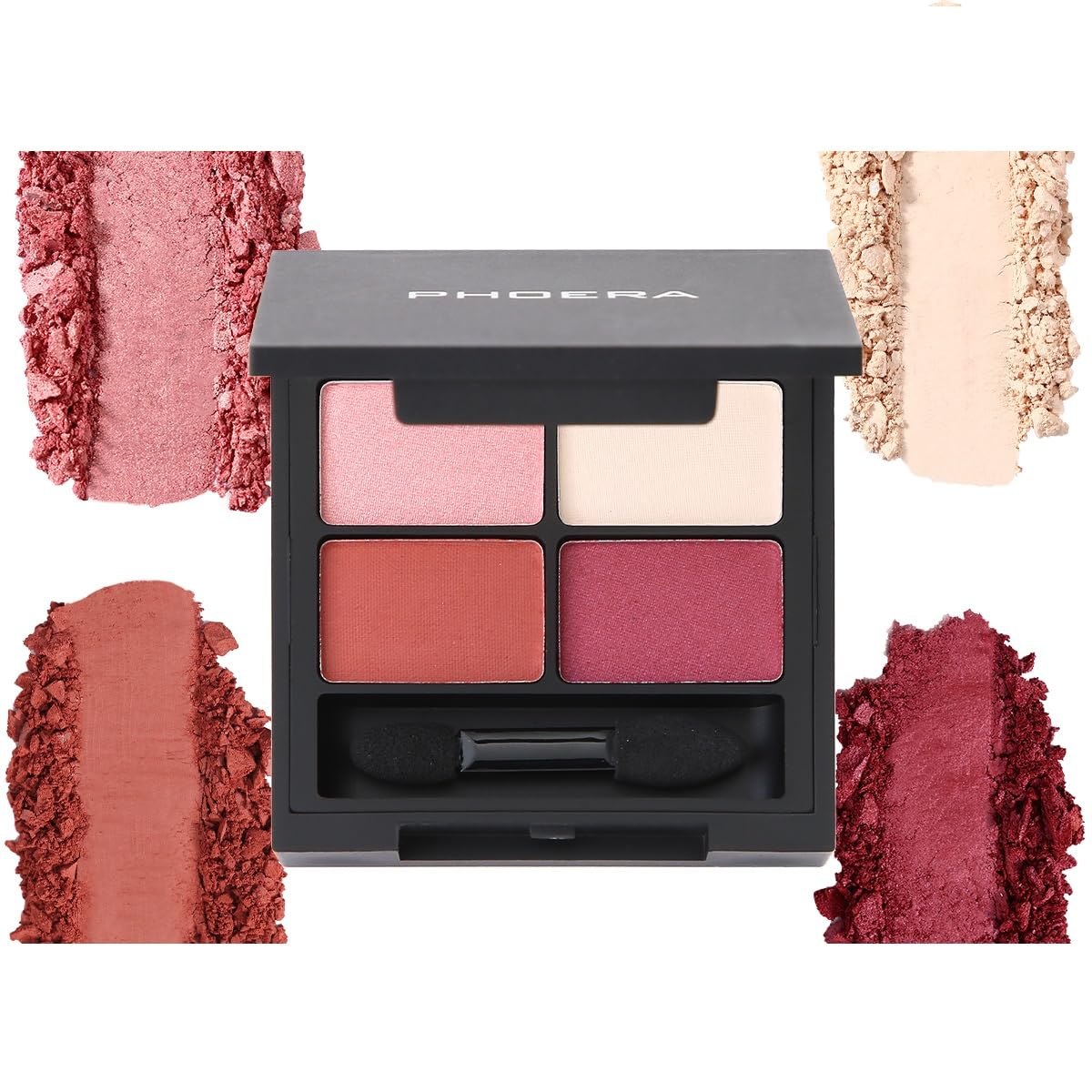 PHOERA 4-in-1 Ultimate Shadow Palette, 4 Rosy Shades, Bubblegum Pink, Eggshell, Coral Brown, Violet Metallic