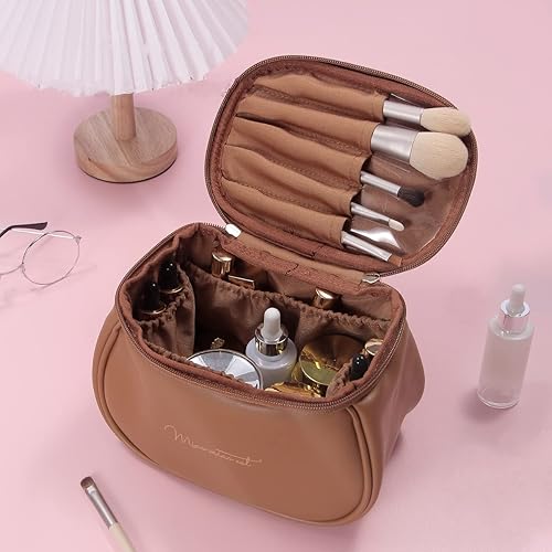 Miniatura 5 de Bonita bolsa de maquillaje de gran capacidad, bolsa de cosméticos de viaje, bolsa organizadora de artículos de tocador para mujeres y niñas, Beige,