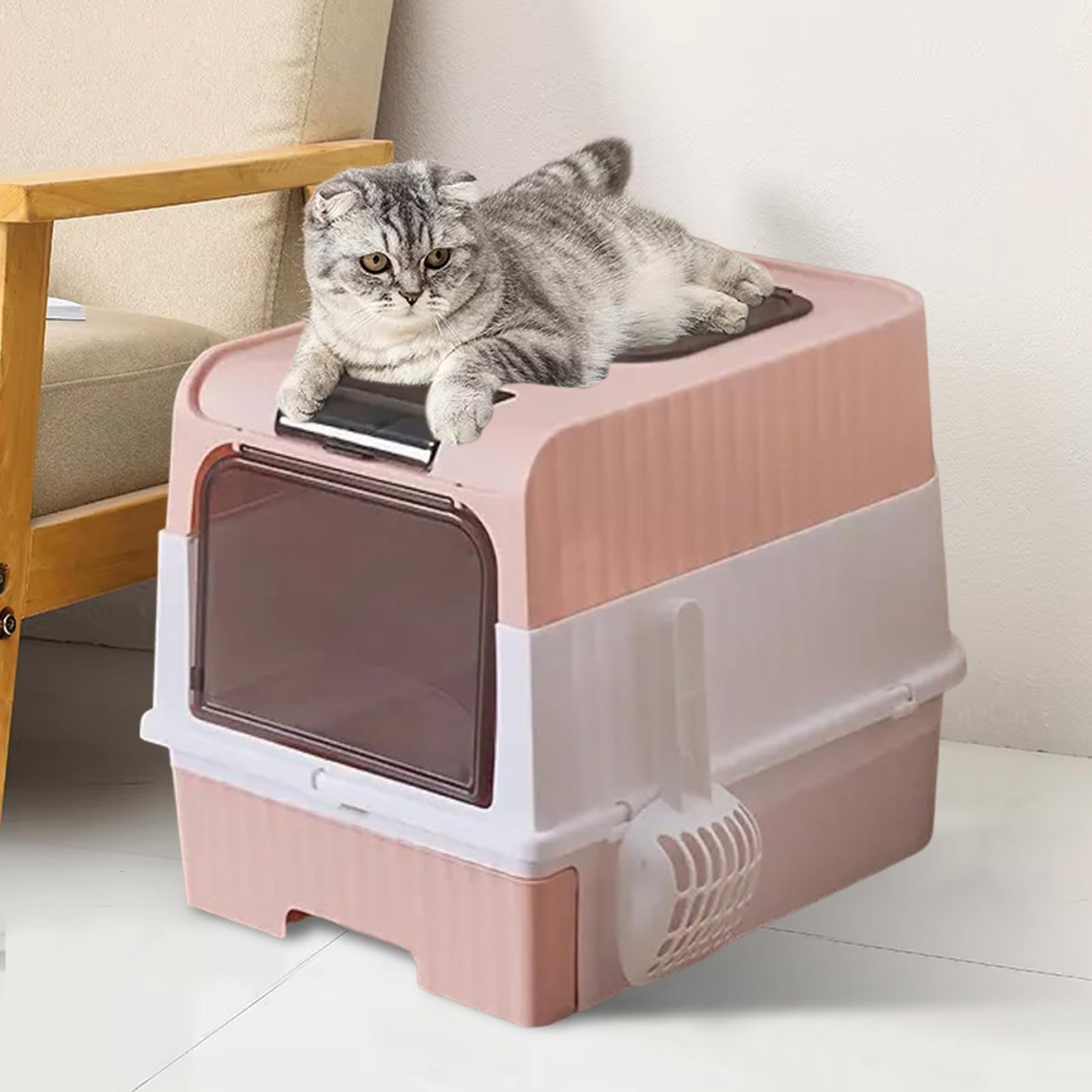 Lettiera per gatti - Lettiera per gatti di grandi dimensioni, scatola portaoggetti antiodore pieghevole leggera con pala e filtro per il trasporto portatile design chiuso