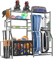 Organizador de equipamentos esportivos de garagem resistente, rack de armazenamento de saco de golfe multifuncional e suporte de bola multiesportivo para bolas de basquete, morcegos e