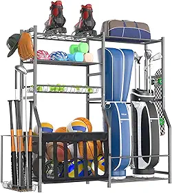 Organizador de equipamentos esportivos de garagem resistente, rack de armazenamento de saco de golfe multifuncional e suporte de bola multiesportivo para bolas de basquete, morcegos e