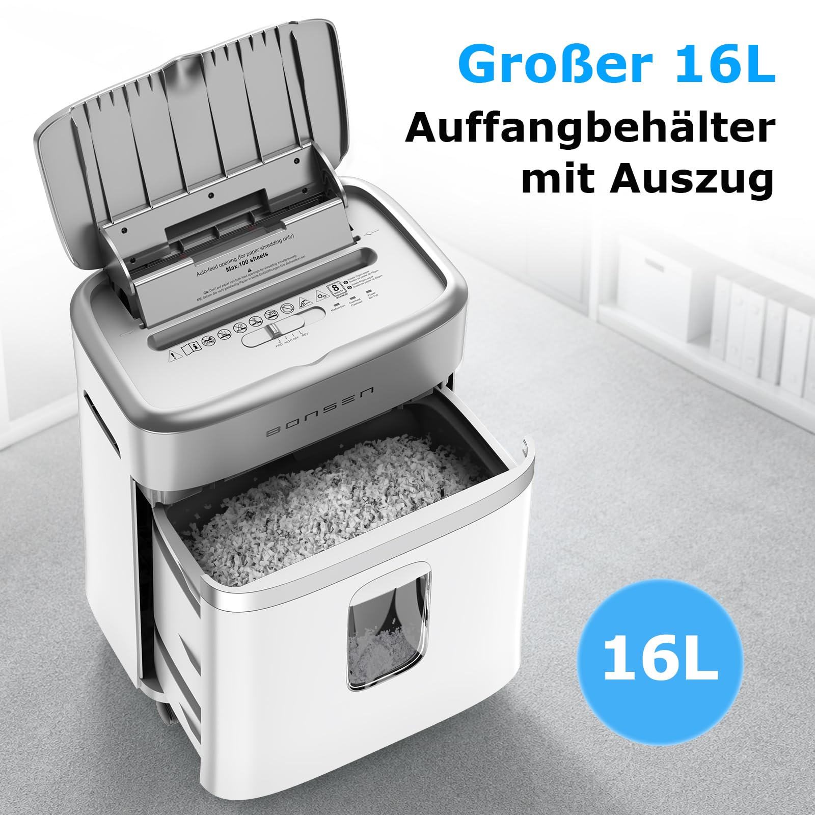 BONSEN Aktenvernichter mit 100 Blatt Auto-Feed, P-4 Mikroschnitt Schredder | leiser ≤60dB mit 30 Min. Dauerbetrieb für Büro und Homeoffice, S9201