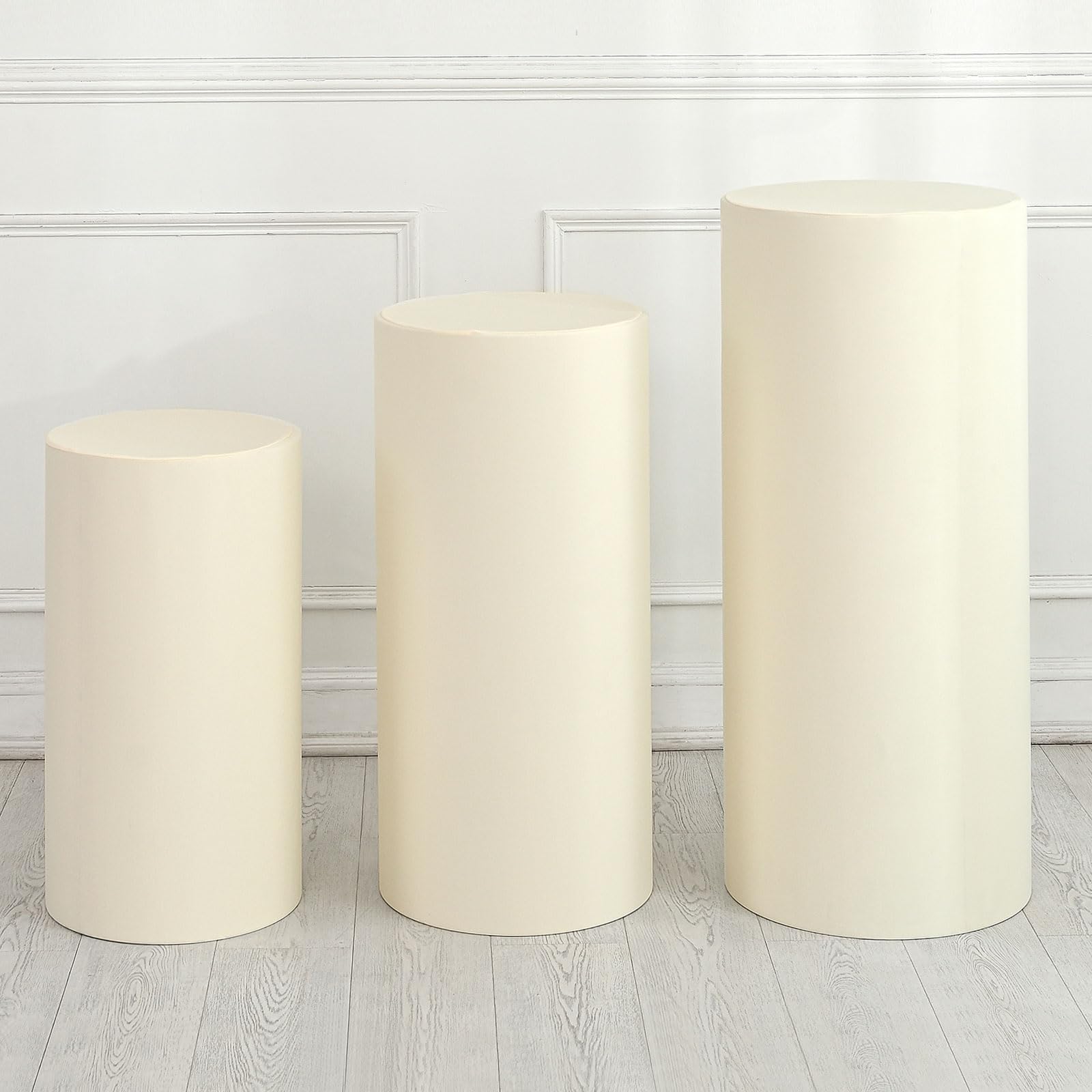QUARKZMAN Set de 3 Housses de Socle Cylindrique en Spandex Beige, Housse de Socle pour Décoration de Mariage Anniversaire Fête, Contient uniquement (Tissu Élastique - Grand)