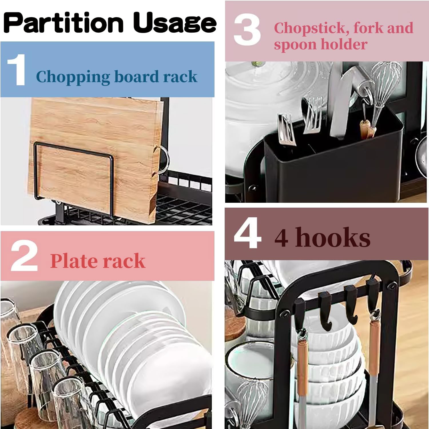 2 Tier Kitchen Dish Drainer Rack Stainless Steel with Drip Tray for Bowls Plates Cups Set, 2-Layer Cup Drying Rack with Sink and Utensil Holder for Counter - Black