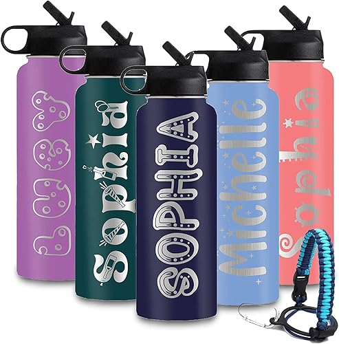 YESCUSTOM Botella de agua personalizada con popote botella de agua deportiva de acero inoxidable aislada personalizada con nombre o texto doble