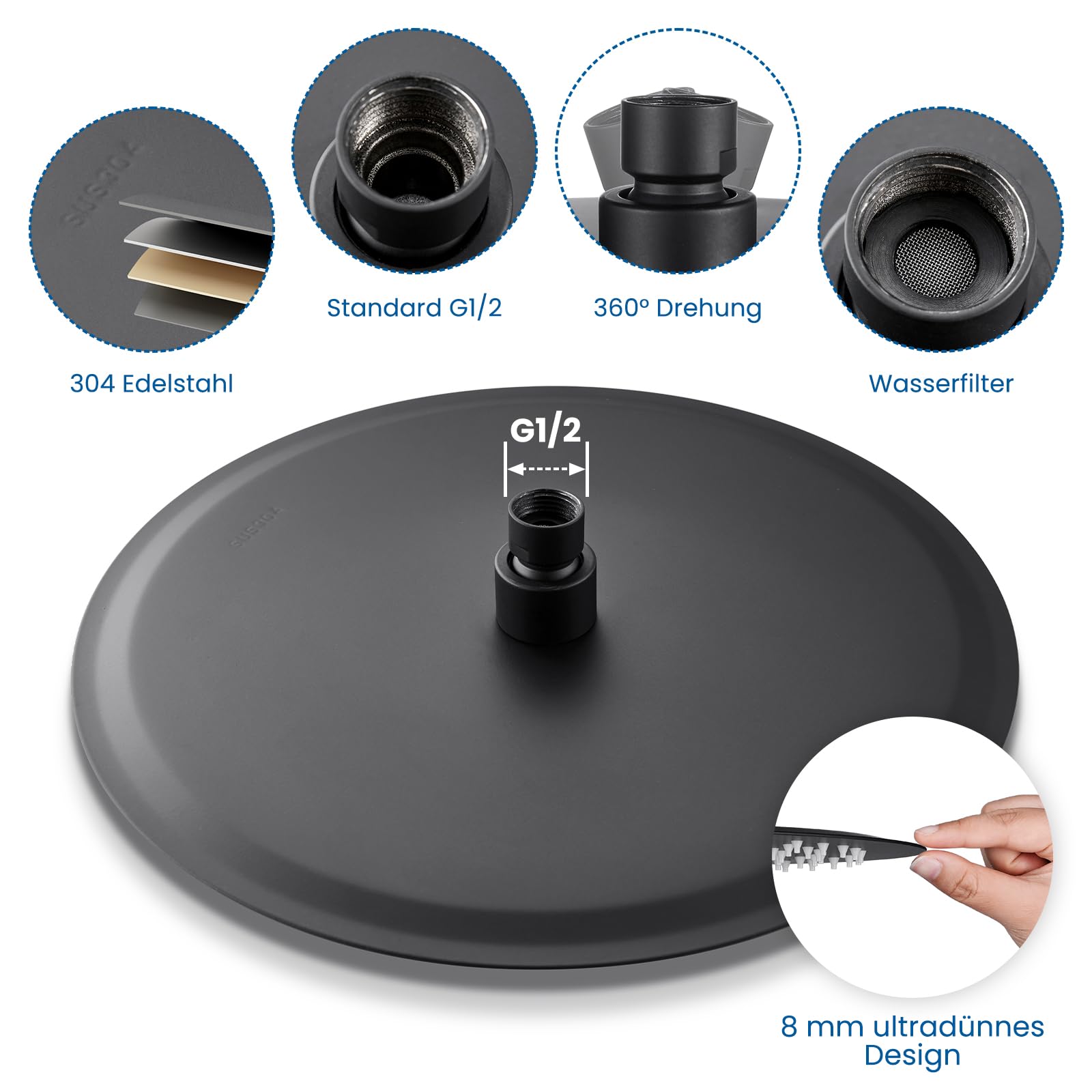 Auralum Regendusche Duschkopf 10 Zoll, Runder Regenduschkopf ⌀25 cm aus Edelstahl, 360° Verstellbare Kopfbrause Groß mit Selbstreinigenden Düsen, Schwarz