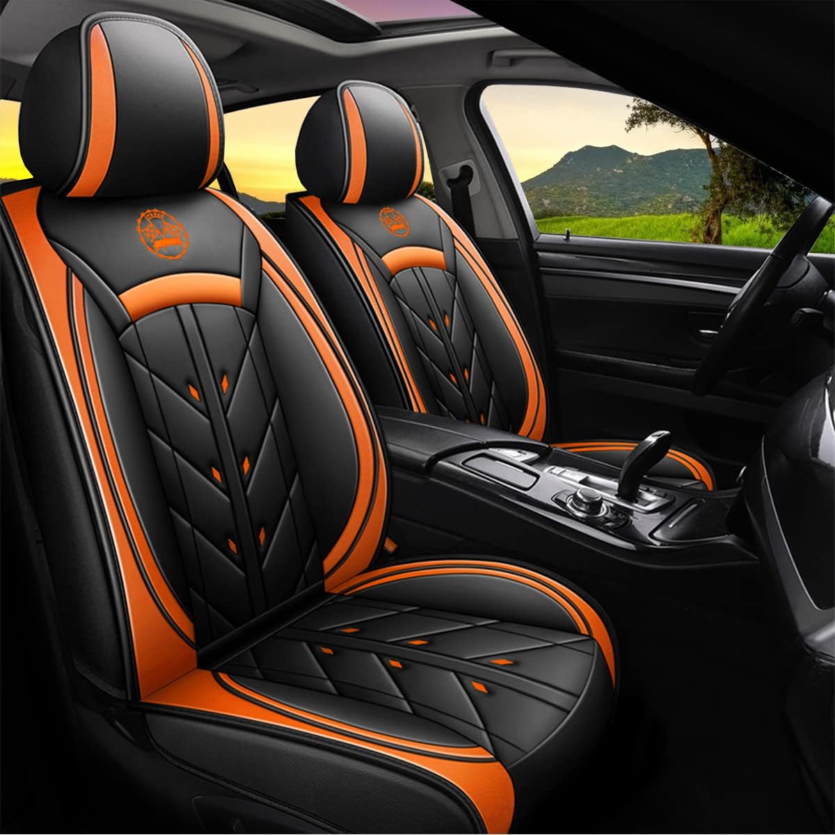 Comfortable Leather Auto Car Seat Covers 5 Seats Full Set Universal Fit (Black & Orange)