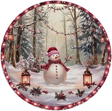 Christmas Metal Sign Snowman Round Sign for Kitchen Garden Yard Bar Winter Wreath Home Decor 8x8 Inch