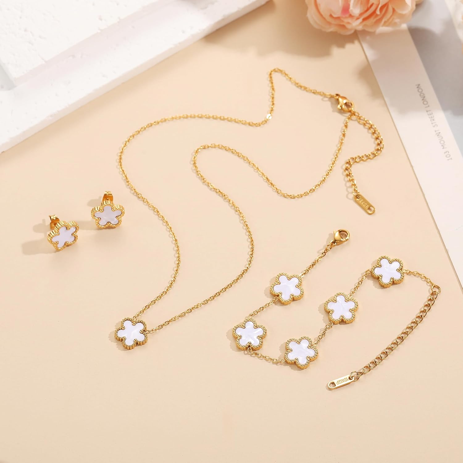 Four Leaf Clover Bracelet Set for Women - 18K Gold Plated Flower Lucky 4 Leaf Necklace Bracelet Earrings Jewelry Sets Gift for Women - Image 4