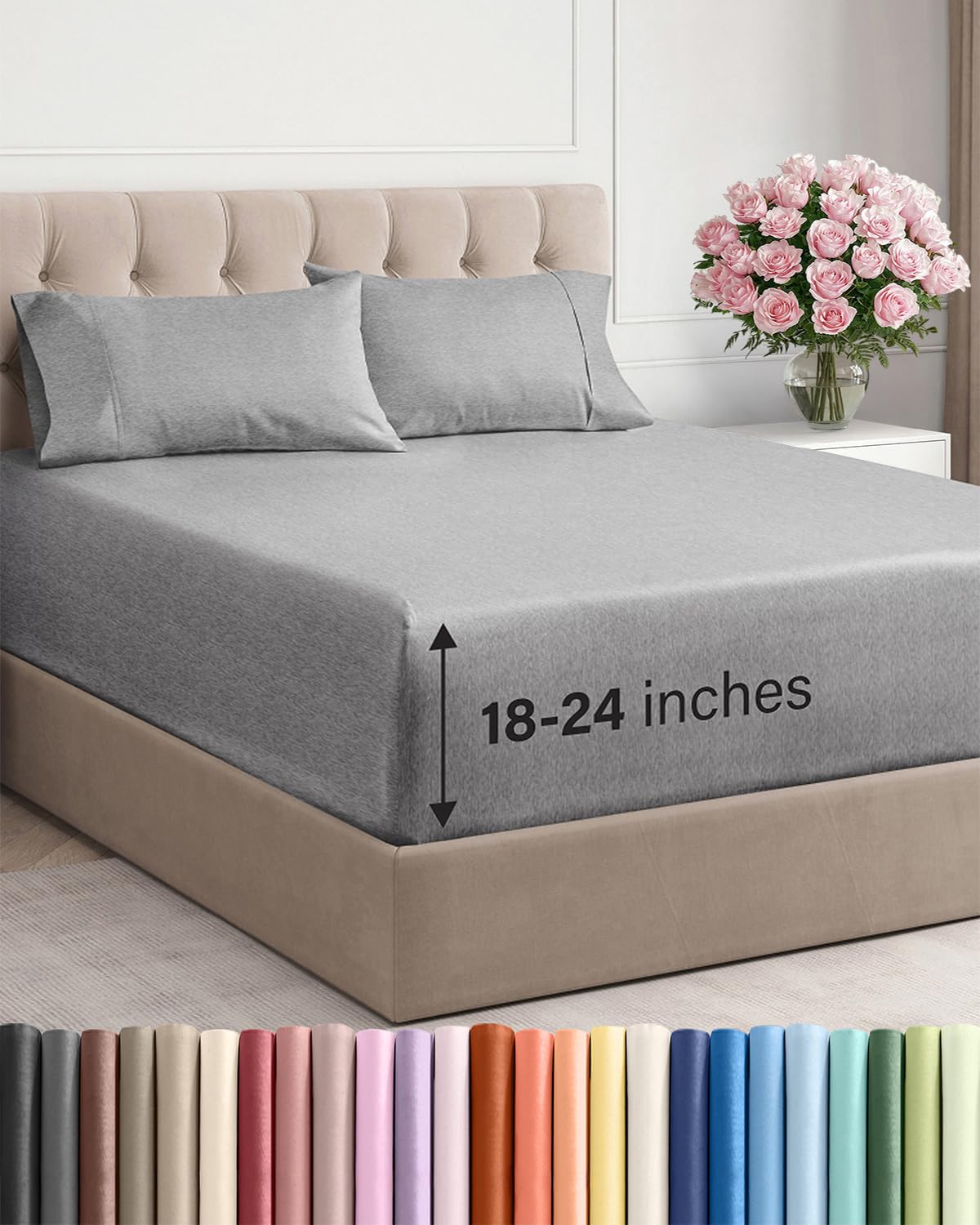 Extra Deep Twin Sheet Set - 4 Piece Breathable & Cooling - Heathered Grey