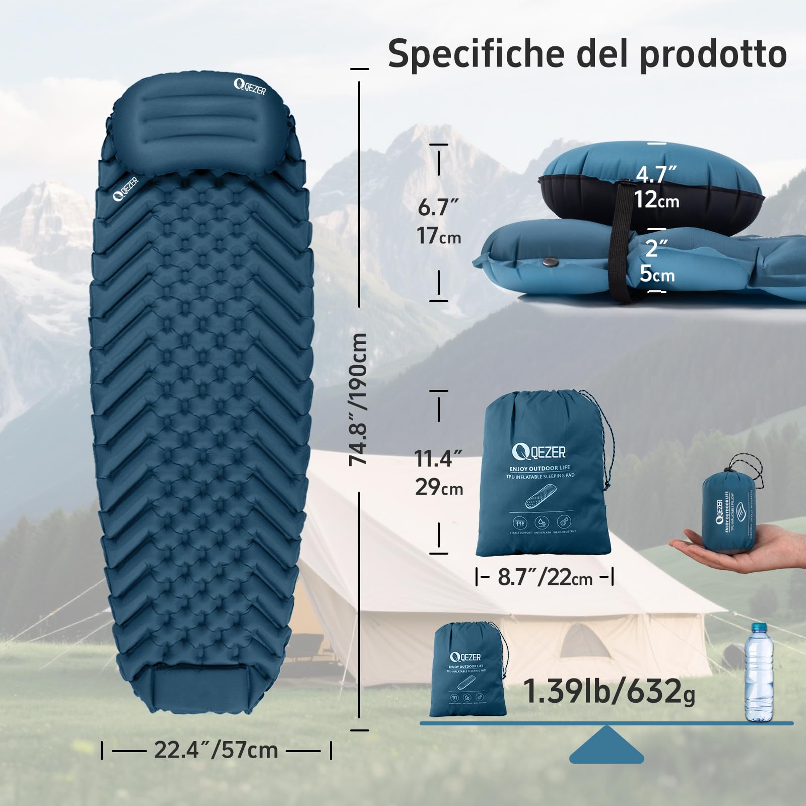 Materassino Campeggio Autogonfiante,solo 632-762g,Gonfiabile con Pompa,Ultraleggero Materasso Gonfiabile Campeggio con Cuscino,pieghevole, leggero,Materassino + cuscino (set) (Mamma Blu)