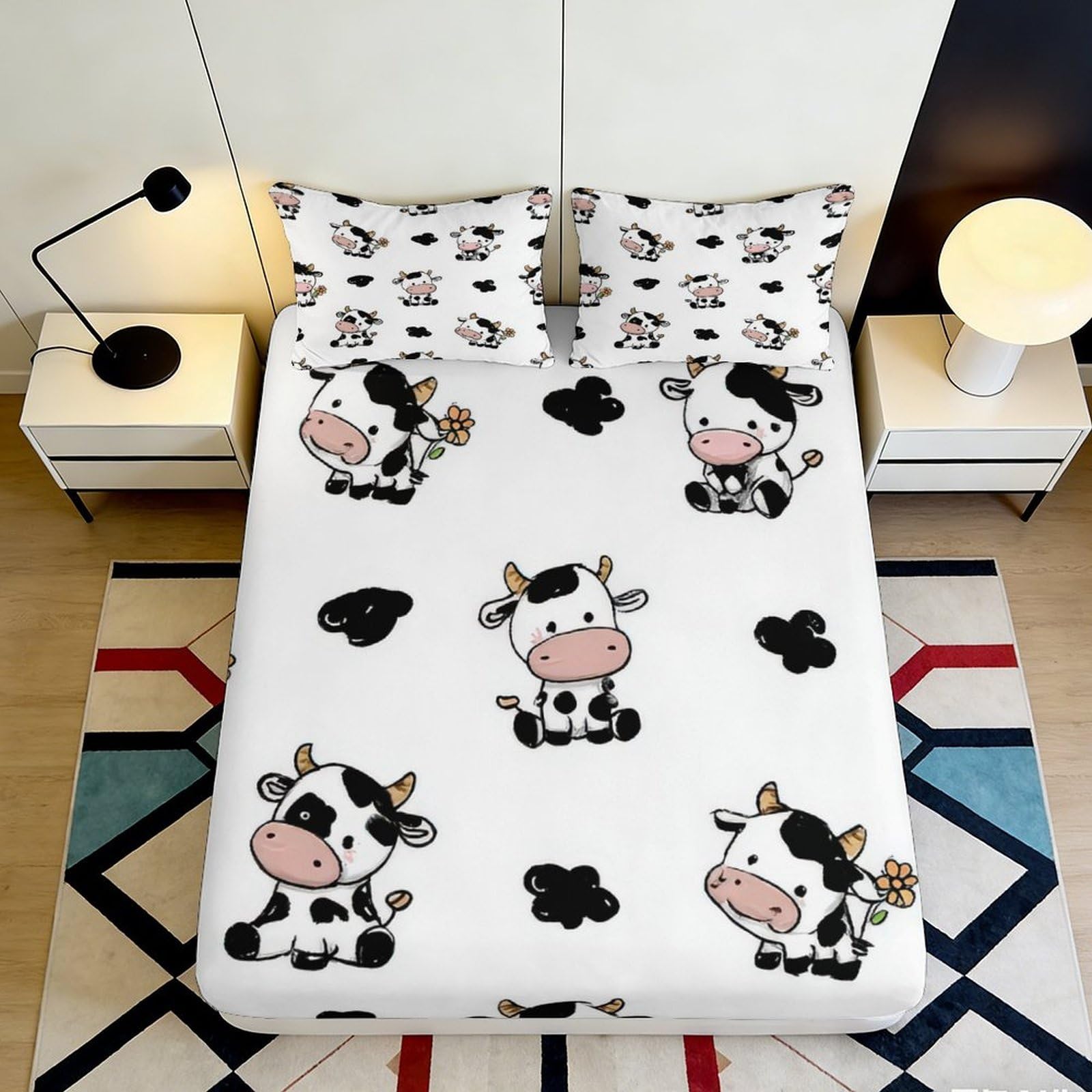 3D Printed Cartoon Cow Fitted Sheet Microfiber Deep Pocket Non-Slip Full Wrap Bedding Cartoon Cow Mattress Fitted Cover 120x200x25cm