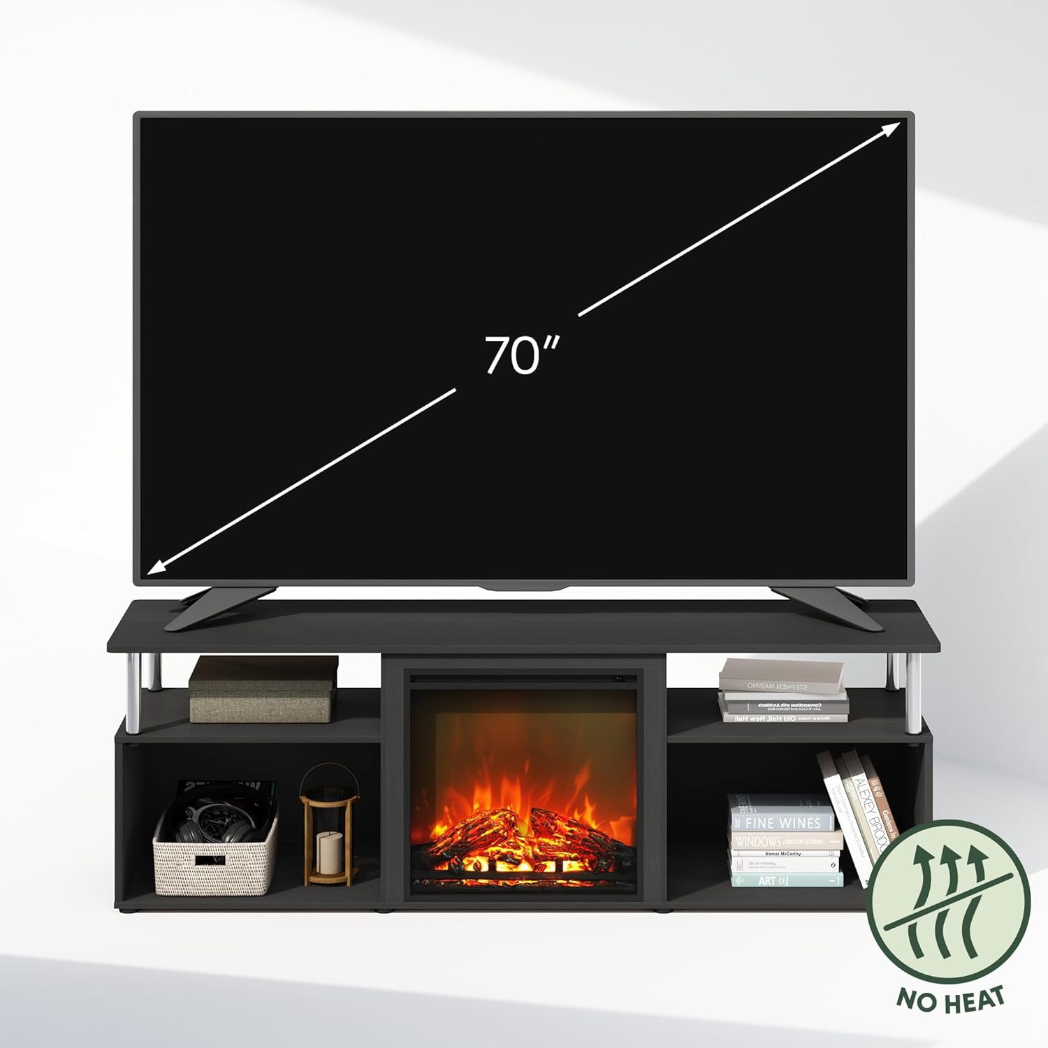Diagram illustrating a 70-inch TV placed on the Furinno Jensen Fireplace TV Stand.