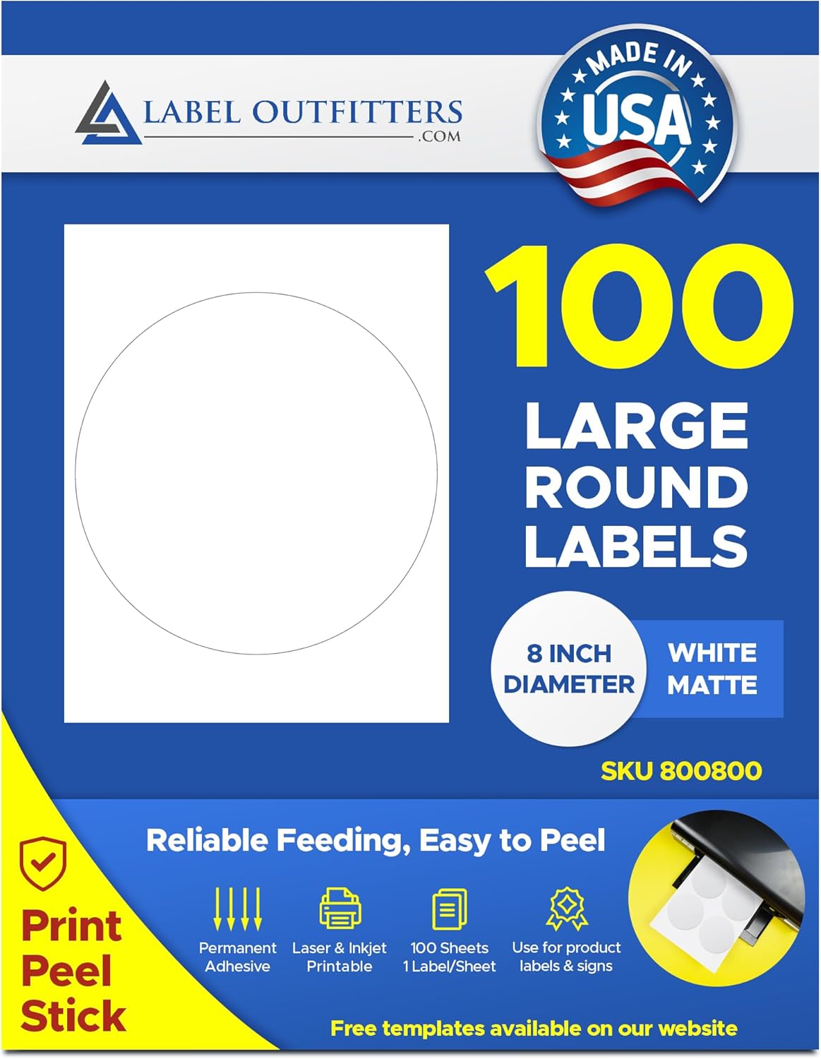Giant Round 8” Labels, Matte White by Label Outfitters® - 100 Sheets – 100 Labels