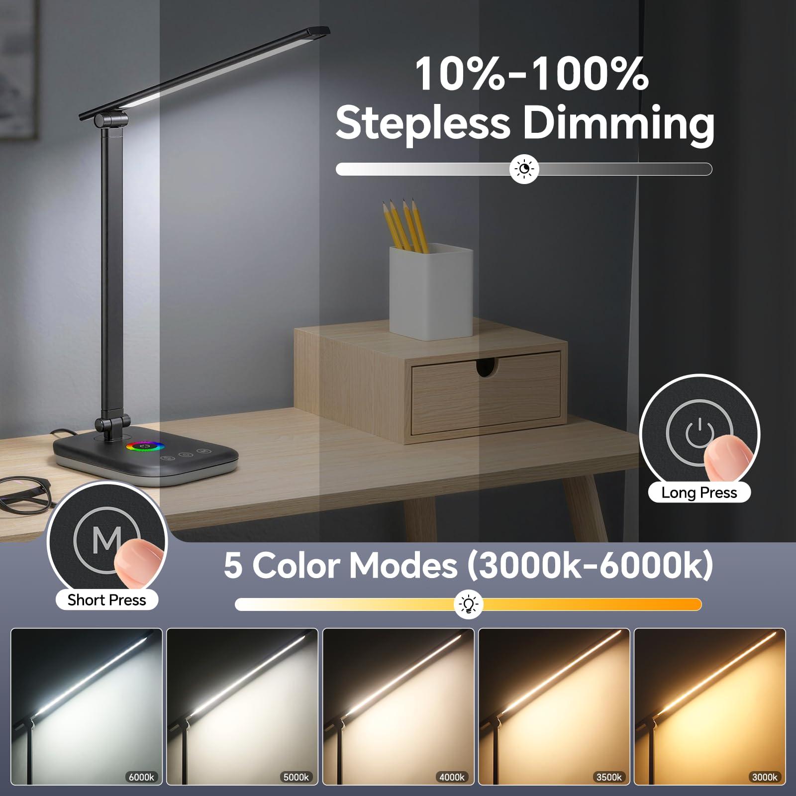 Morotty Lámpara de Escritorio LED 10W, Flexo con Luz Nocturna, 5 Temperaturas de Color, Regulación 10-100%, Puerto USB, Control Táctil Negro