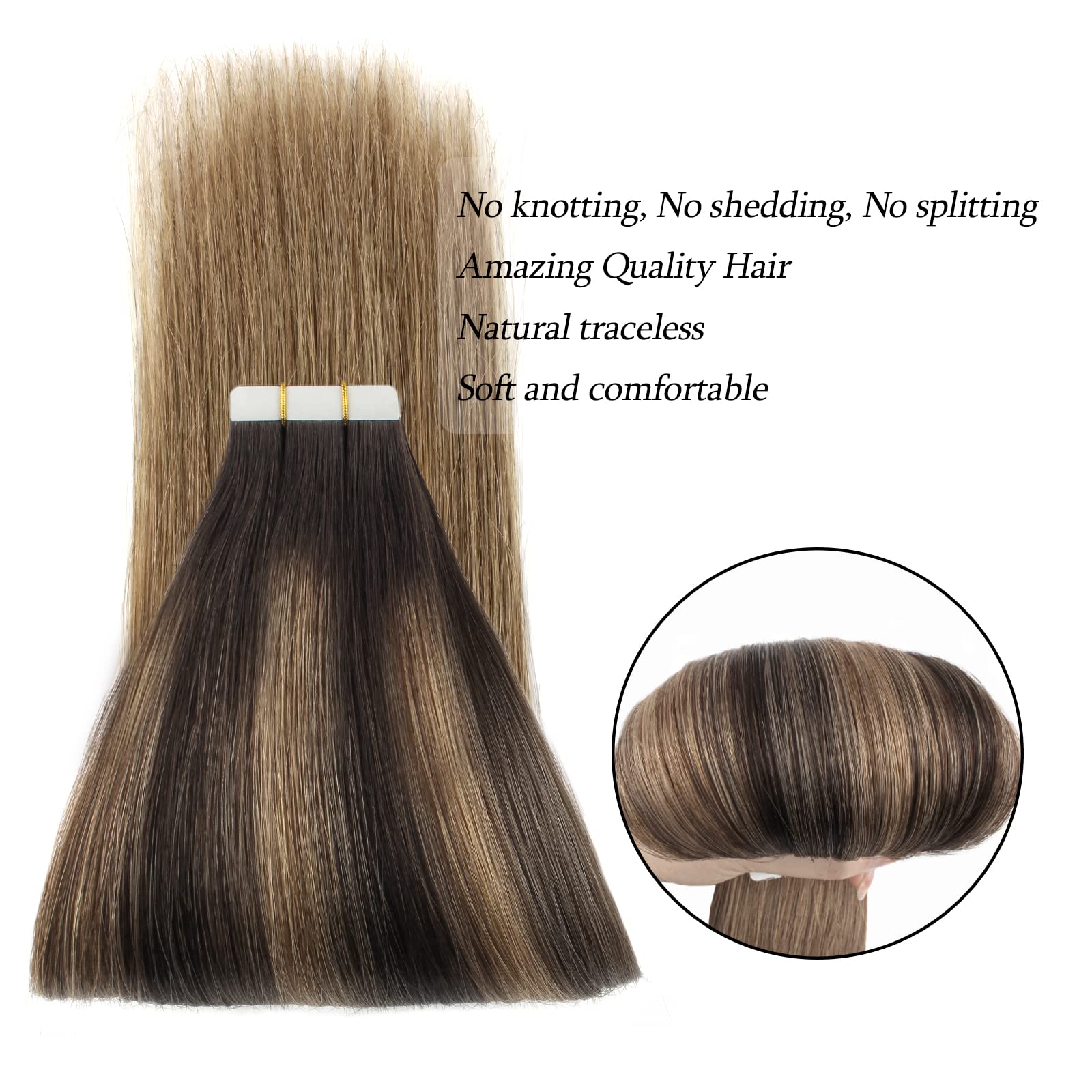 ABH AMAZINGBEAUTY HAIR Sun-kissed Human Hair Tape Extensions Balayage Double Sided Real Remy Human Hair Skin Weft, 50g 20pcs - Image 3