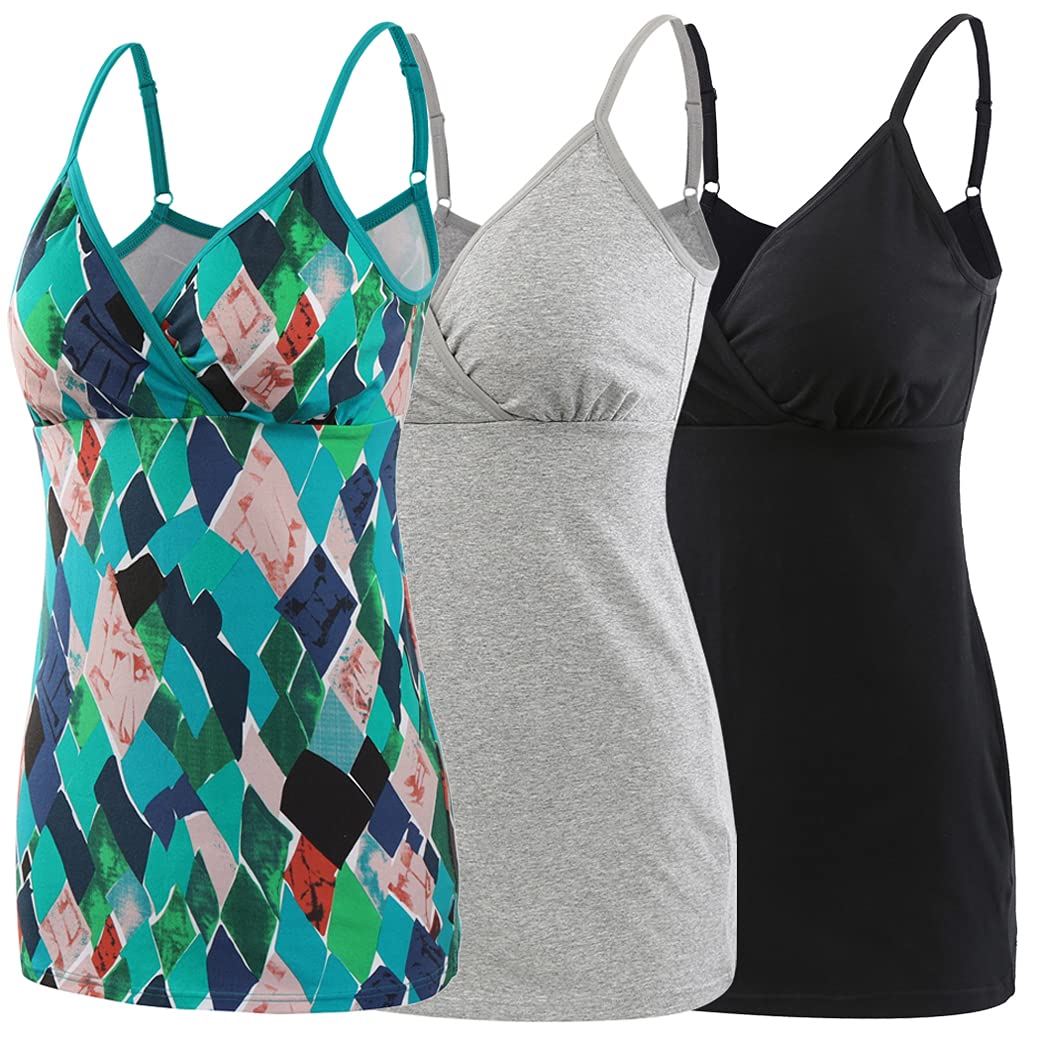 COLOMI Karmienie tank topy dla matki z wbudowanym biustonoszem do karmienia piersią Basic Camisole, Black + grey+green Print/3 pack, L
