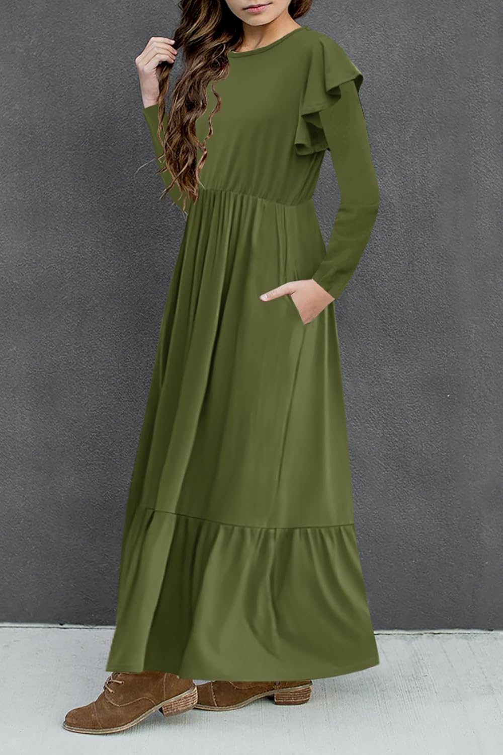 HOSIKA Girls Fall Ruffle Long Sleeve Crew Neck Loose Casual Flowy Tiered Maxi Dress with Pockets for 6-12 Y - Image 3