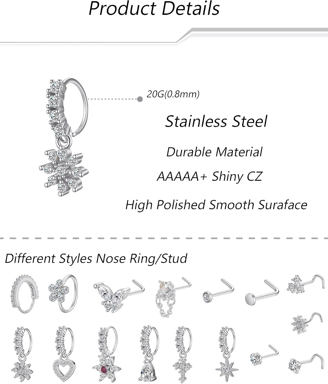 Gold/Silver Nose Rings Stud for Women Men Stainless Steel L Screw Shaped Heart Teardrop Cross Butterfly Flower CZ Dangle Nose Piercing Jewelry Hoops Nose Studs 20G