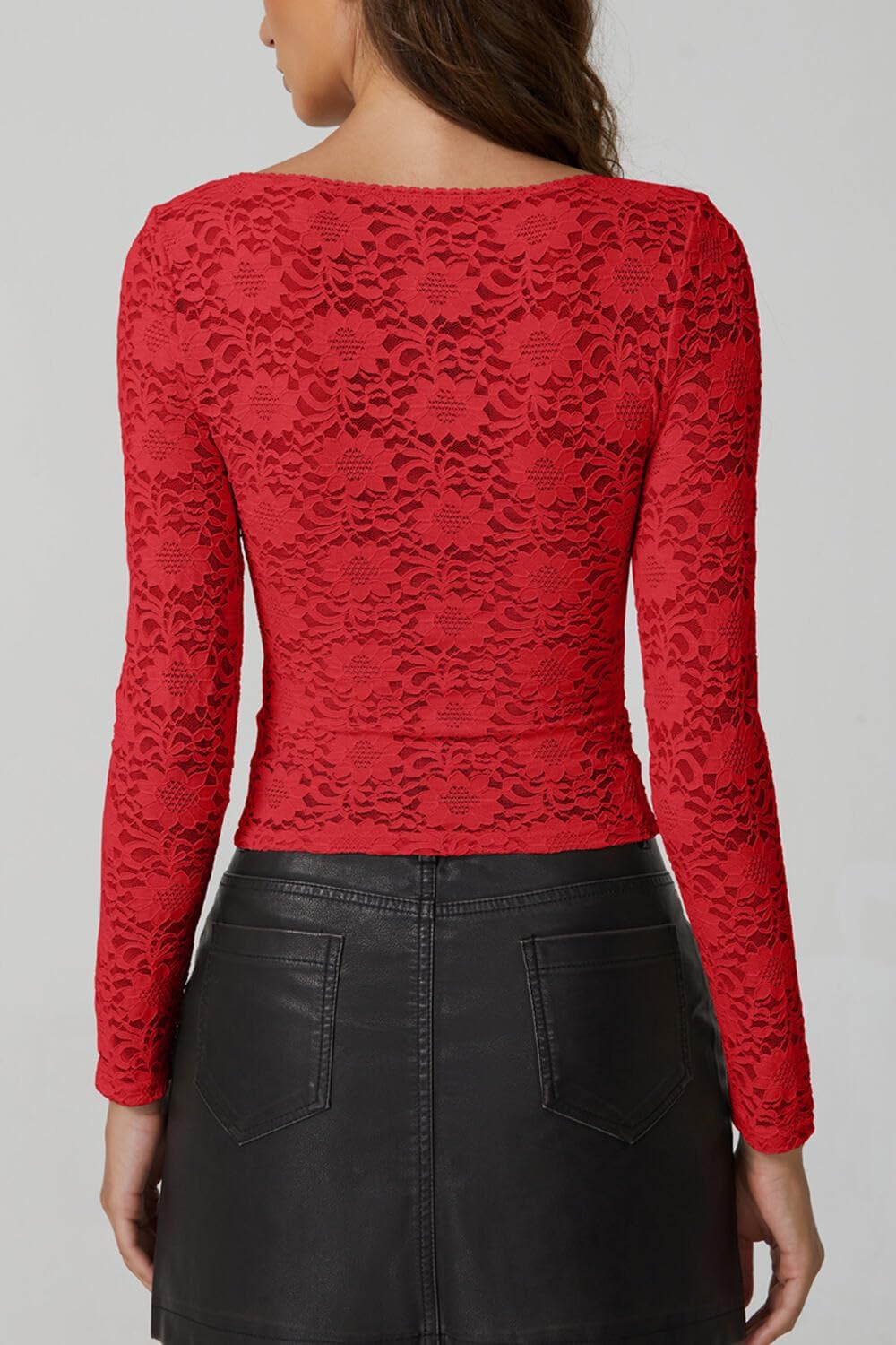 QINSEN Chic Floral Lace Crop Tops for Women Slimming Fit Long Sleeve Square Neck Going Out Basic Shirts - Image 2