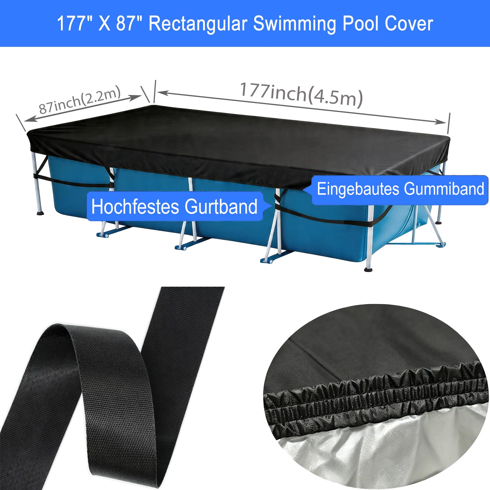 Bâche de piscine rectangulaire de 450 x 220 cm, très résistante, imperméable, anti-poussière pour piscines à cadre rectangulaire, 4,3 x 2,1 m