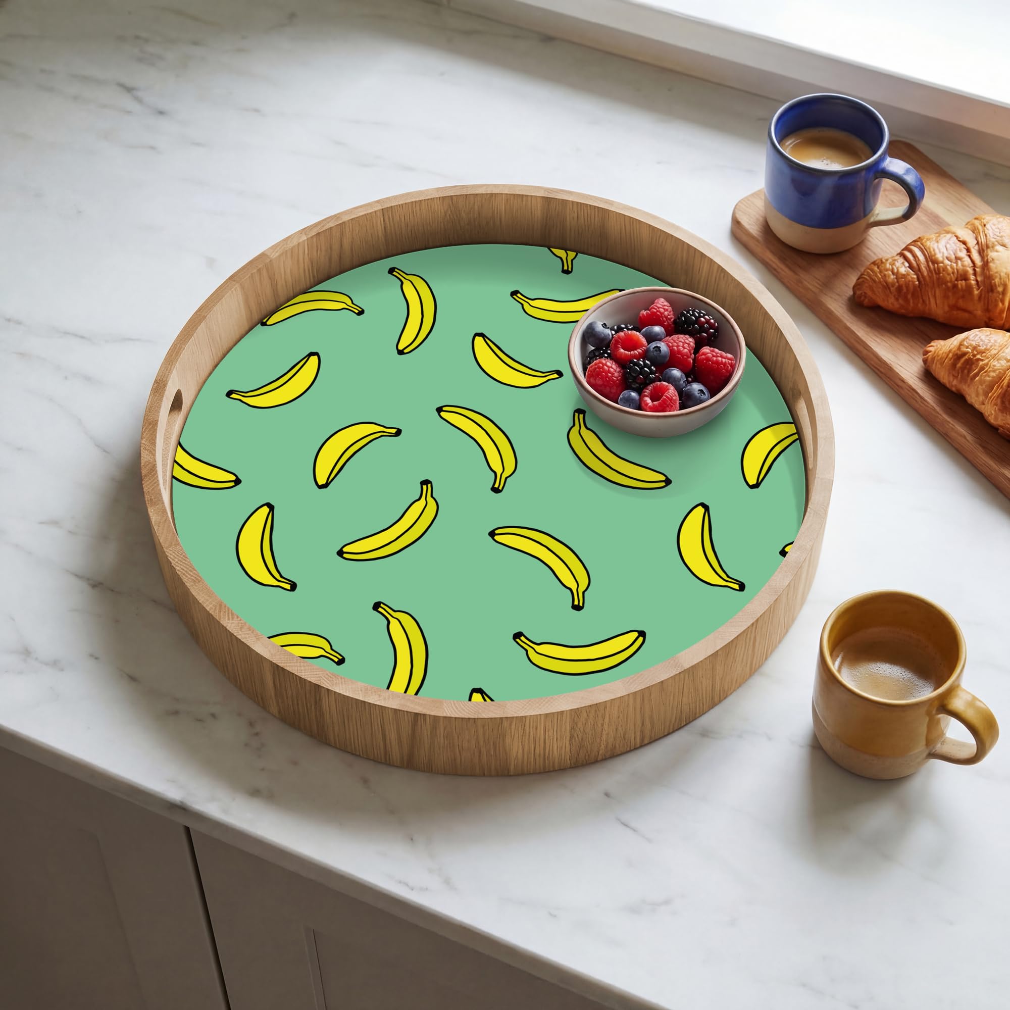Bandeja Madera De Roble Redonda 40x40 cm Bandejas Desayuno para Servir Comida Cocina Resistente Al Calor Cafe Tray Tabuleiro Plátanos - Amarillo - Verde - Imprimir