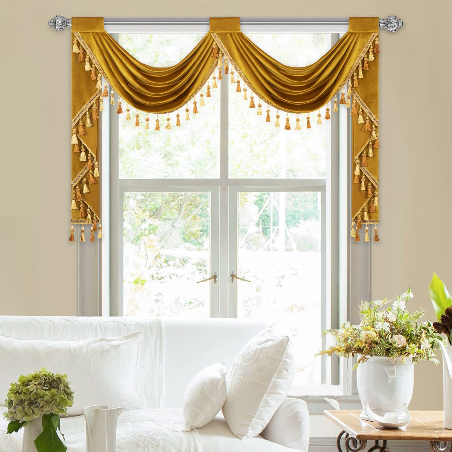 VOGOL Retro Gold Velvet Valances for Hotel, Thermal Insulated Privacy Waterfall Valance with 2 Swags, Vintage Style Rod Pocket Window Treatments for Farmhouse, 59 Inches Wide