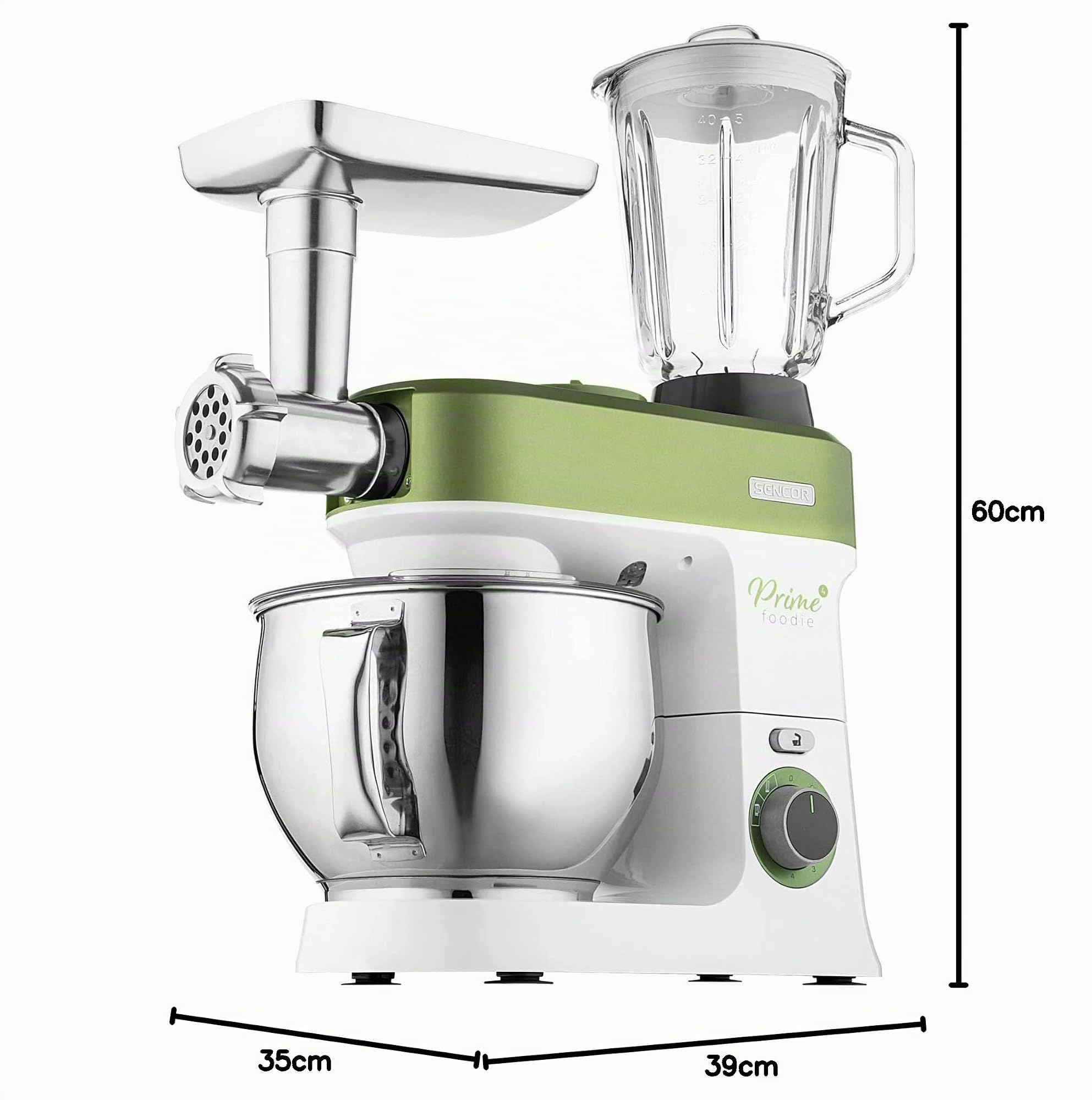 Sencor impastatrice planetaria, Robot da cucina multifunzione Potente, Motore da 1200W, con Illuminazione LED, 6 Velocità, Pulsante e 2 programmi NutriSmart, Kit Accessori Completo - Verde 3780
