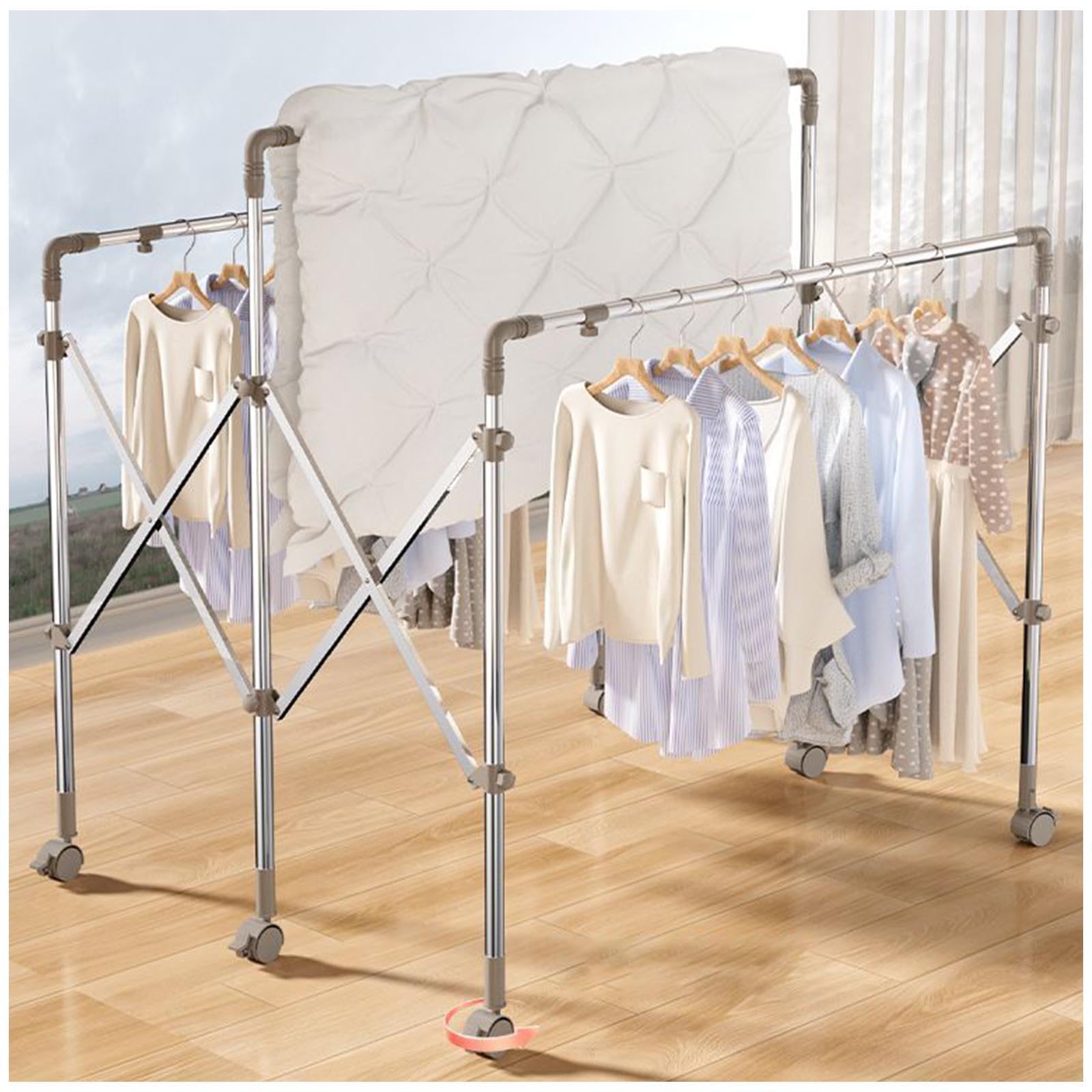 Stendi Biancheria Esterno con Rotelle, Estensibile Stendi Biancheria Esterno con Clip per Calzini, Stendino Lenzuola per Grandi Famiglie,180cm