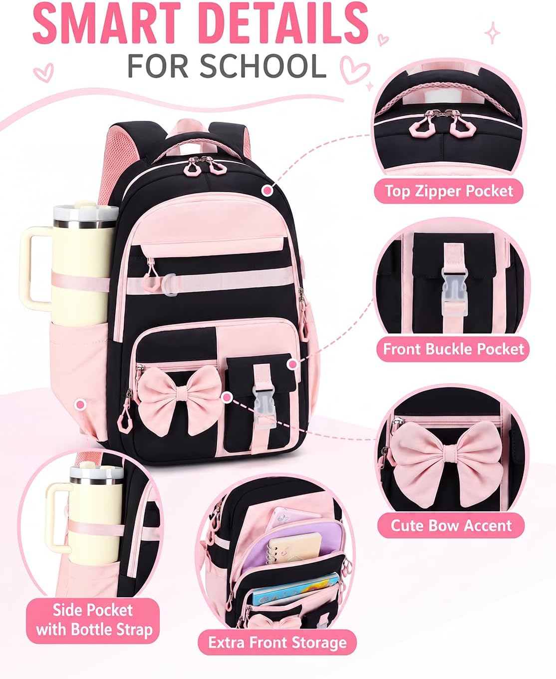 CAMTOP Girls Backpack with Lunch Box & Pencil Case Set, School Backpack for Girls with Large Water Bottle Holder Straps, Waterproof Kids Backpack, Cute Bookbag for Elementary School & Travel image 4