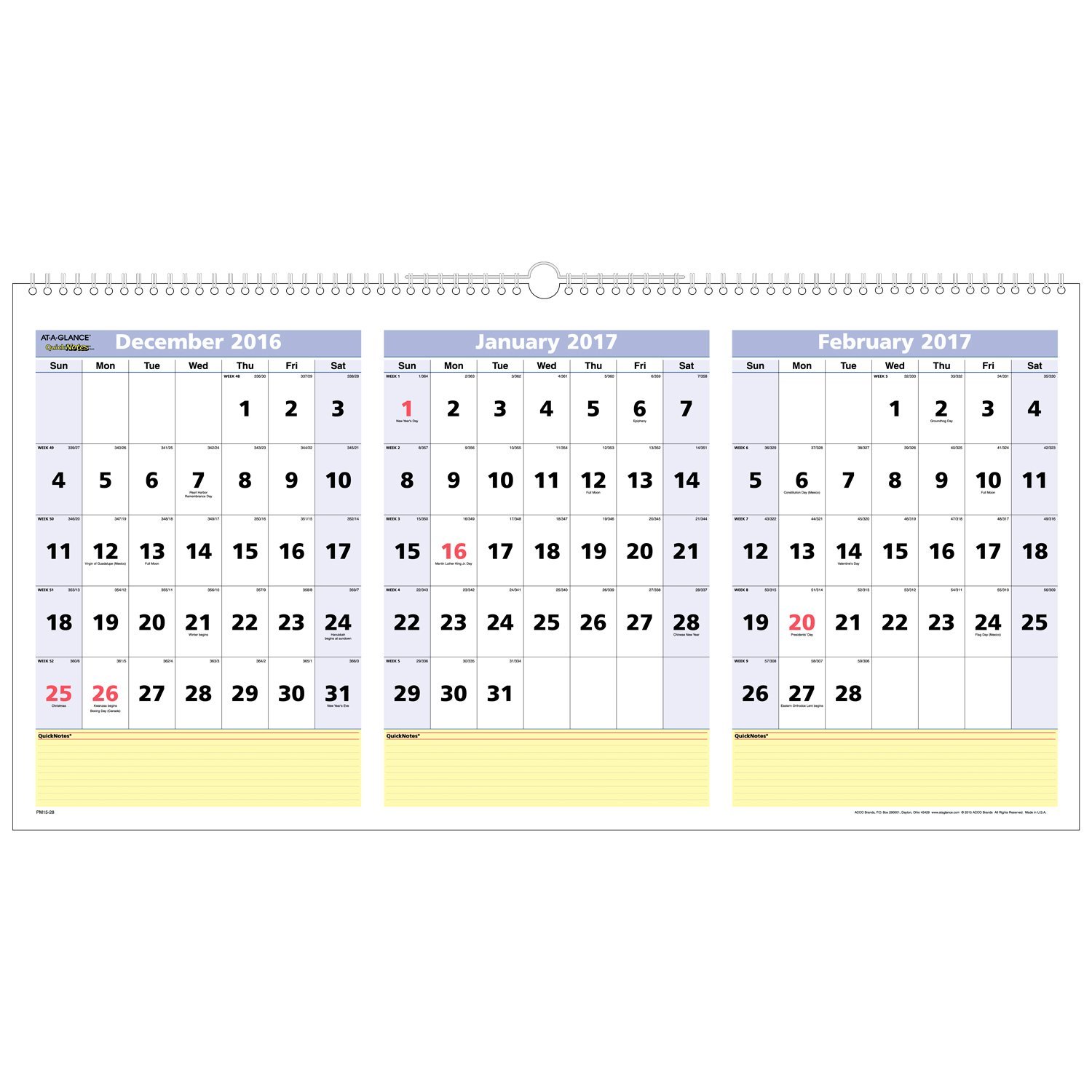 AT-A-GLANCE PM1528 QuickNotes Three-Month Wall Calendar, Horizontal