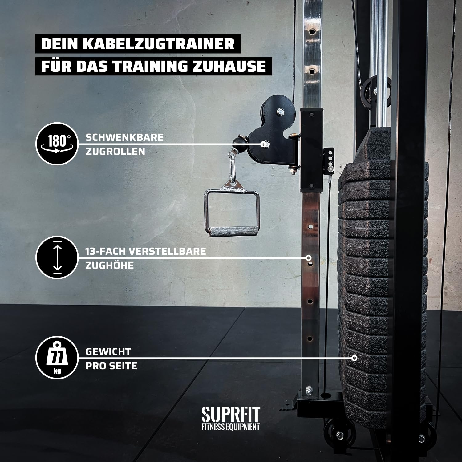 SUPRFIT - Kabelzug Fitness Kraftstation für zuhause inkl. Steckgewichte bis 81kg Zuglast pro Seite - Robuste Kabelzugstation mit Klimmzugsstange & Griffen für Diverse Übungen im Homegym - 298x200cm