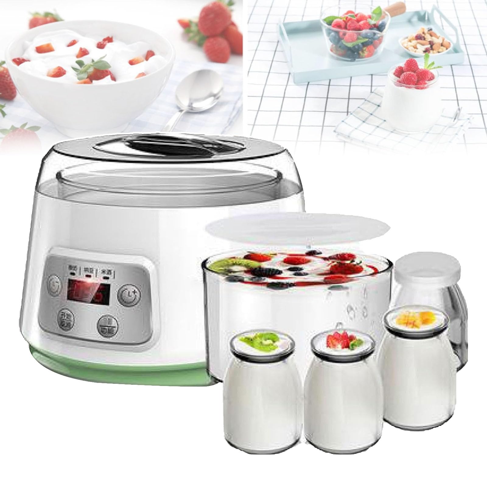 Yogurtera Eléctrica De 1,3 L, con 4 Compartimentos De 100 Ml, Pantalla LCD/Interruptor Táctil, Tiempo Ajustable, Recipiente De Vidrio, Apagado Automático, para Yogur Casero/natto,A